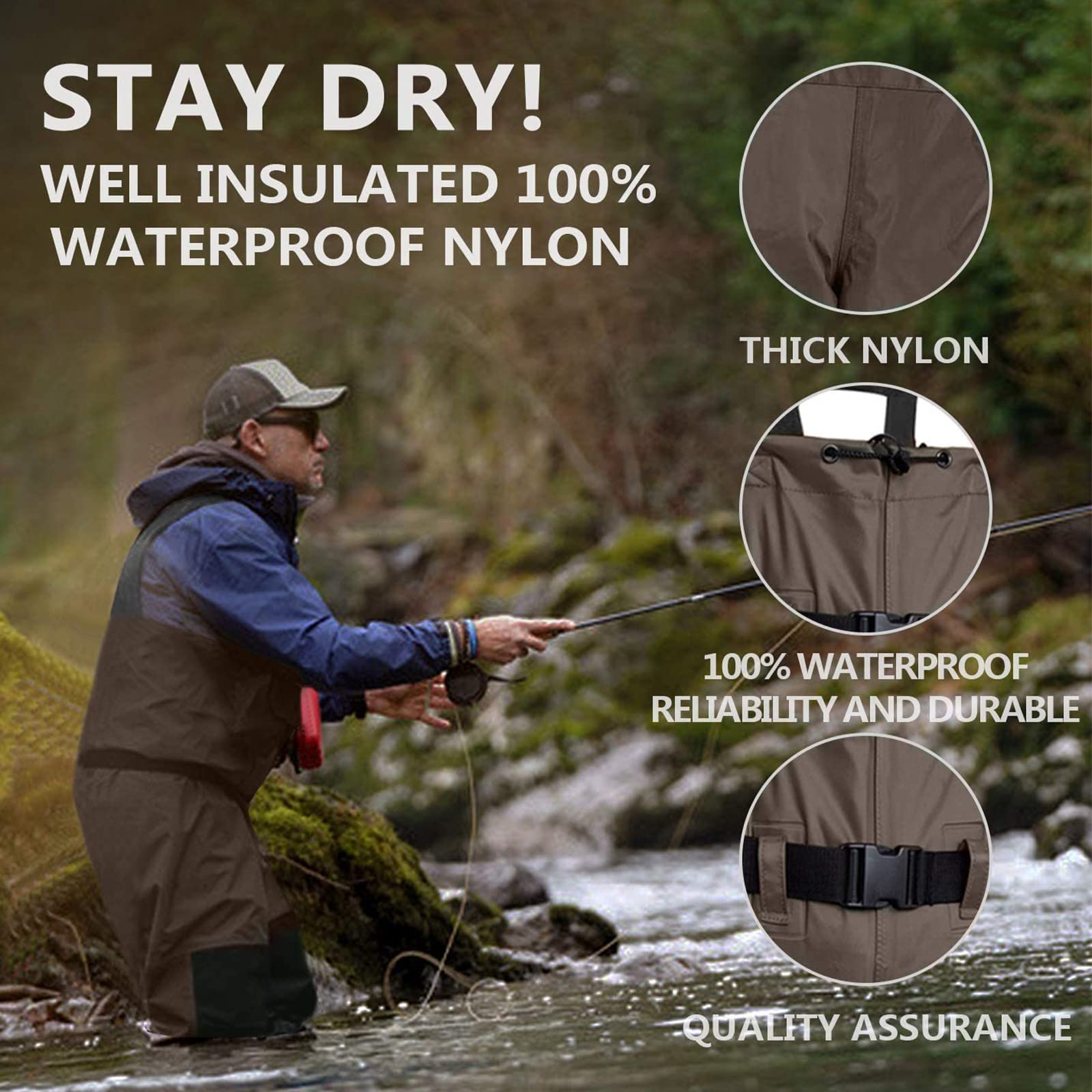 wasserdichte Wathose für Angler mit Verstellbarem Watgürtel und Dicken Stiefeln Atmungsaktive Nylon- und PVC-Brustwader für Erwachsene