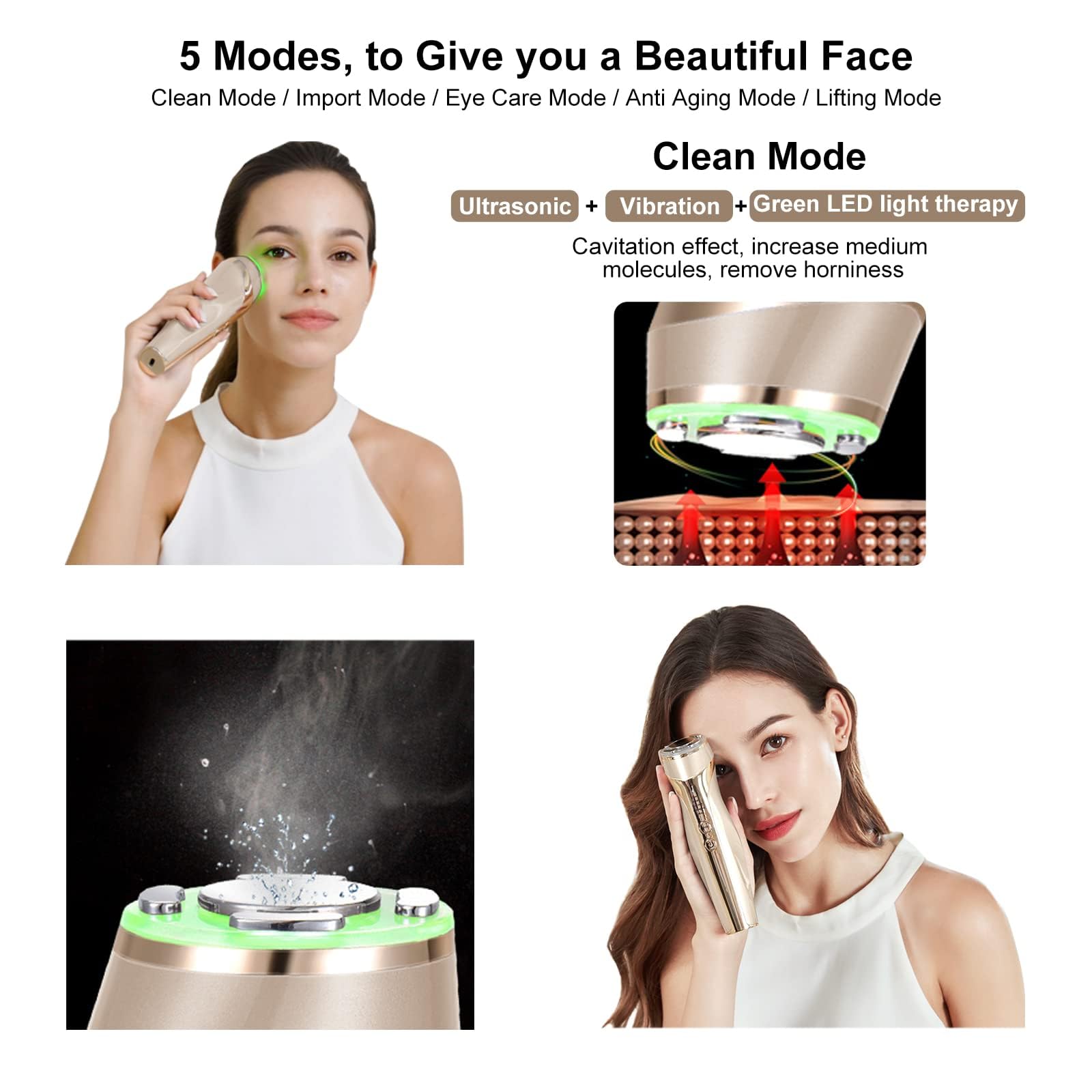 Radiofrequenz und Ultraschallgerät für das Gesicht,5 in 1 Gesichtsmassagegerät Faltenentferner RF EMS Lichttherapie,für Lifting Gesichtsmassage Anti Falten Anti-aging,USB Wiederaufladbar