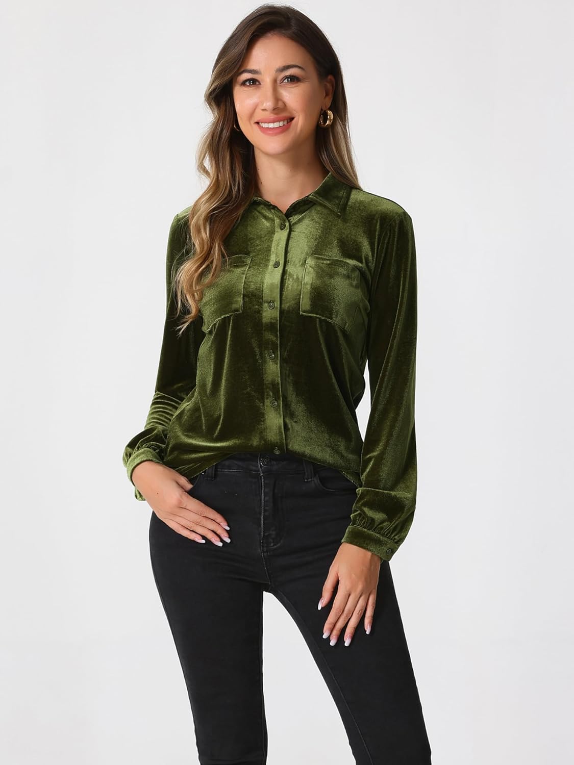 Allegra K Women's Velvet Shirt Christmas Casual Long Sleeve Button Down Blouse Top - Image 2