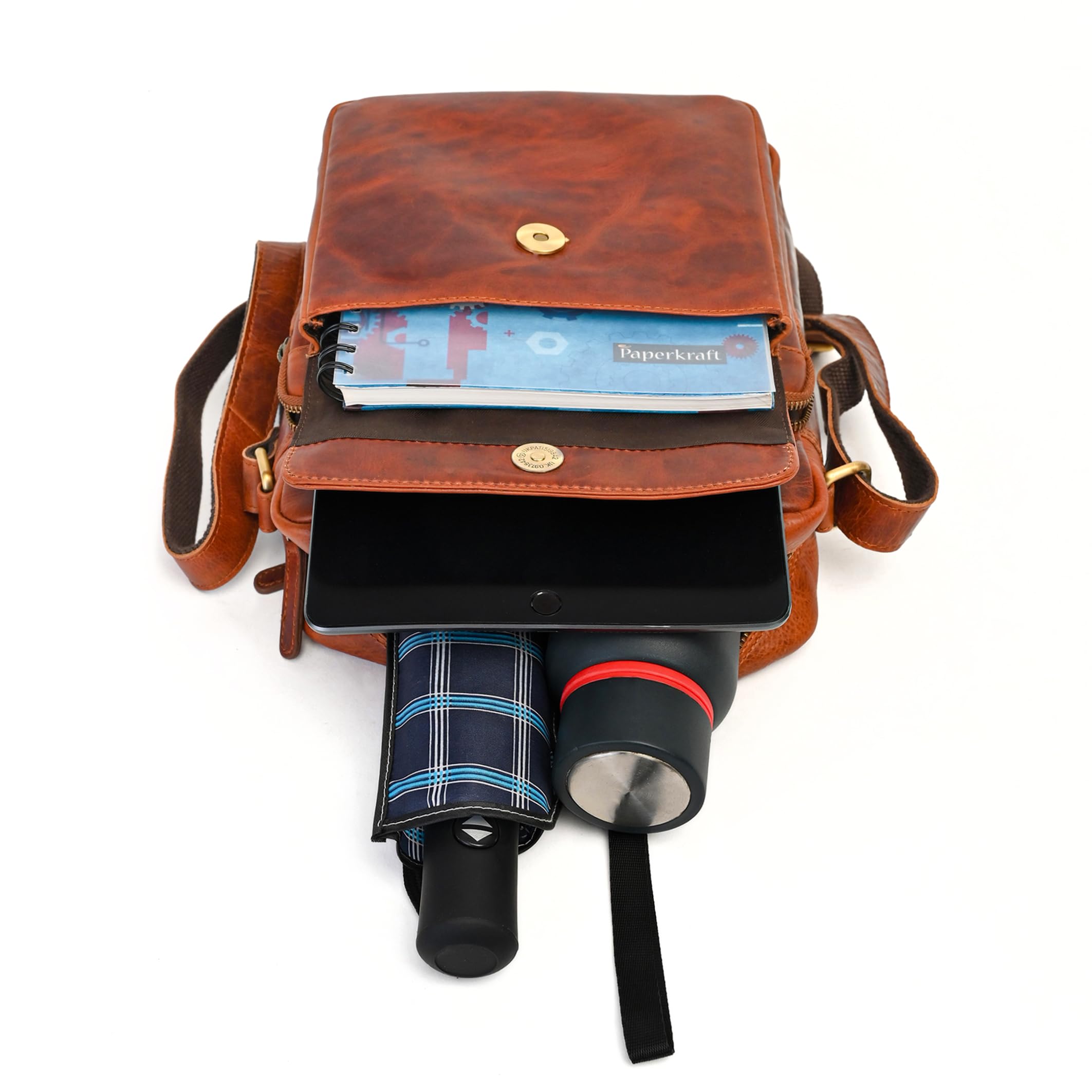ALMADIH Leder Umhängetasche Herren perfekt für Tablet iPads 12.9 Zoll - DON braun - Kompakte echte Ledertasche für Arbeit & Alltag Messenger Schultertasche kleine Herrentasche
