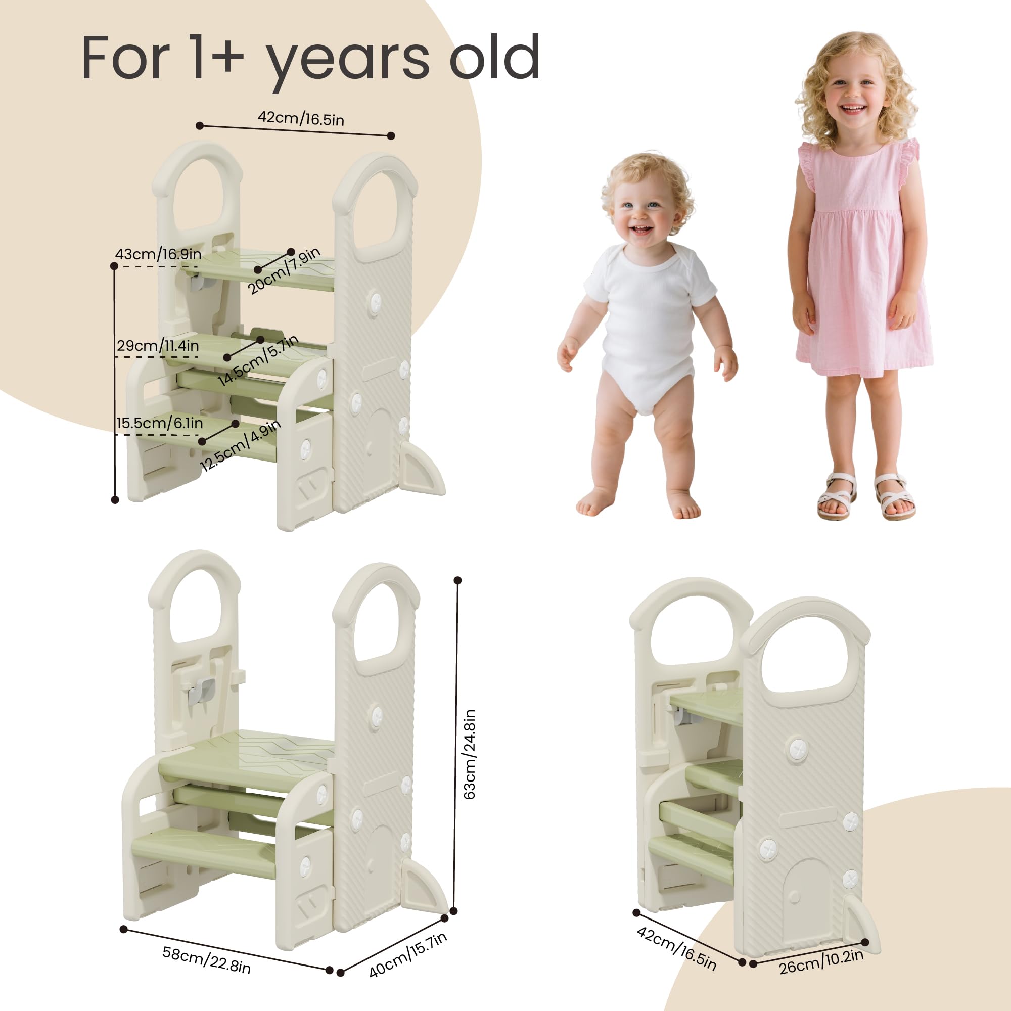Hominewti Sgabello Per Bambini, Altezza Regolabile A 2-3 Gradini, Sgabello Pieghevole Multifunzionale Per Bambini Con Braccioli, Antiscivolo, Scaletta Per Bambini Piccoli, Per Bagno E Cucina, Verde