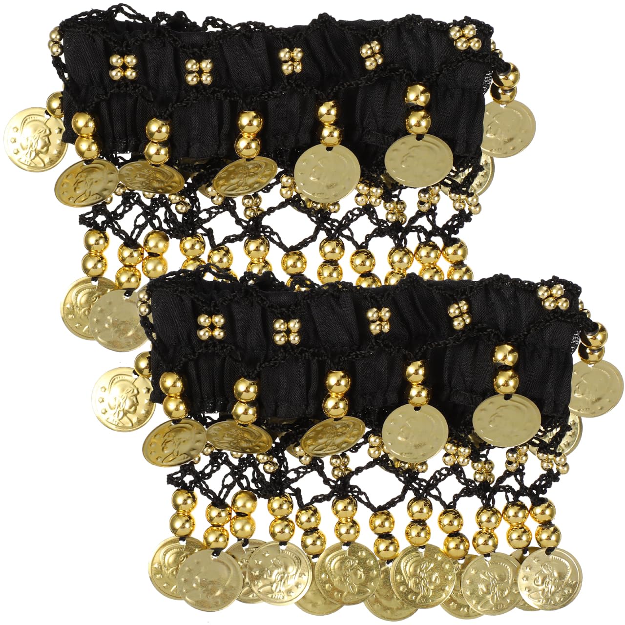 2pcs Jingling Belly Wrist Arm Bracelets -Tone Plated Anklet Wrist Cuff Adjustable Jingling Bell Coins Tassel Beads Chiffon Bracelet for Women Vintage Dangling Sounds Beach Summer Belly Costume Fashi