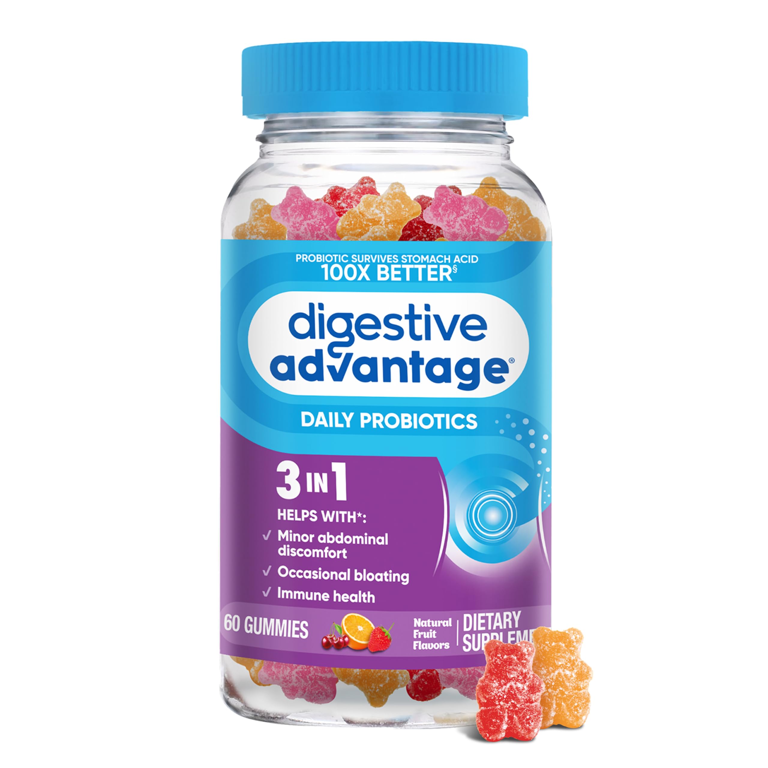 Digestive Advantage Probiotic Gummies For Digestive Health, Daily Probiotics For Women & Men, Support For Occasional Bloating, Minor Abdominal Discomfort & Gut Health, 60ct Natural Fruit Flavors