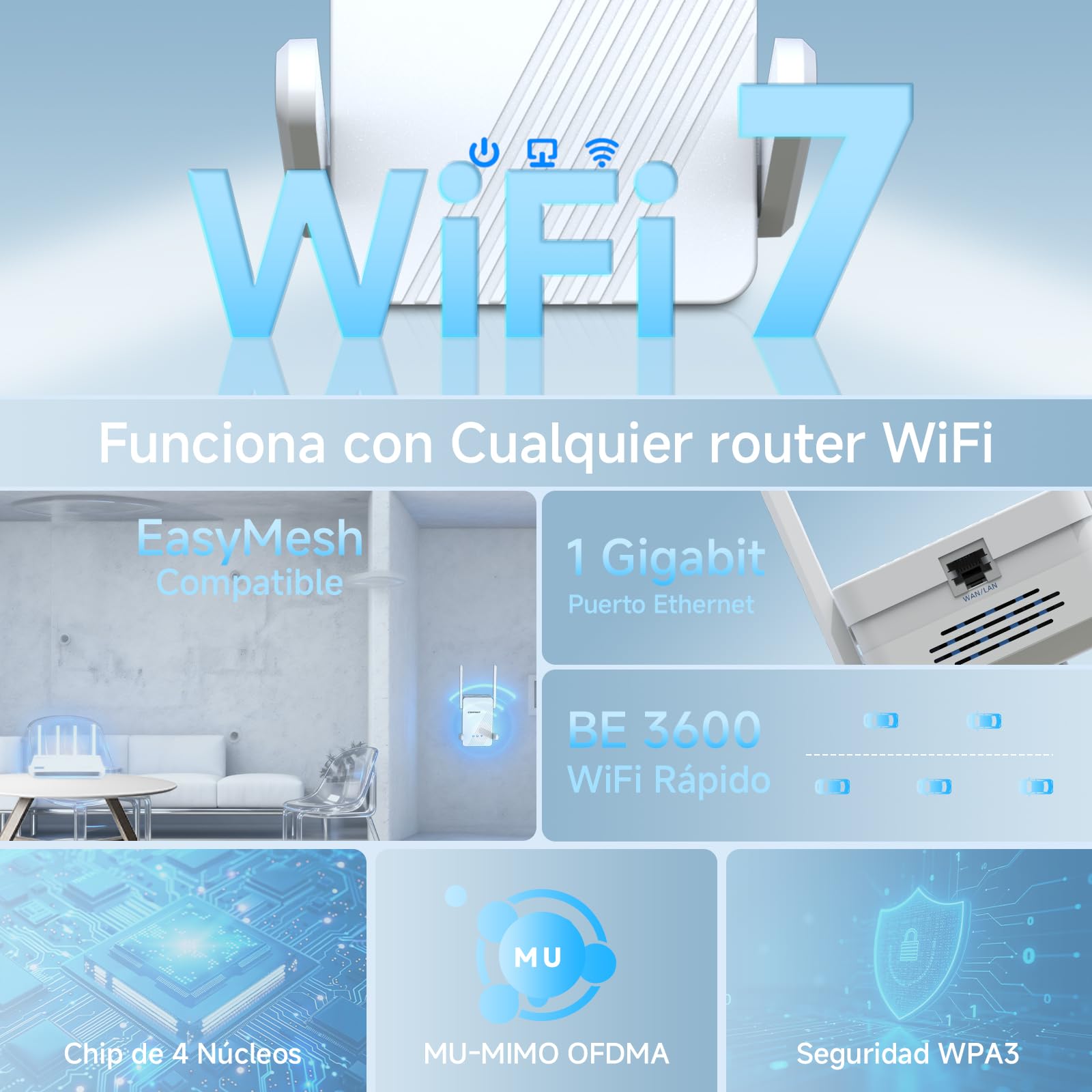 COMFAST BE3600 Repetidor WiFi 7 Doble Banda Puerto Gigabit EasyMesh | Amplificador Señal WiFi (5G en 2882Mbps + 2.4G 688Mbps), MU-MIMO, WPA3, Botón WPS, Compatible con Todos los Routers