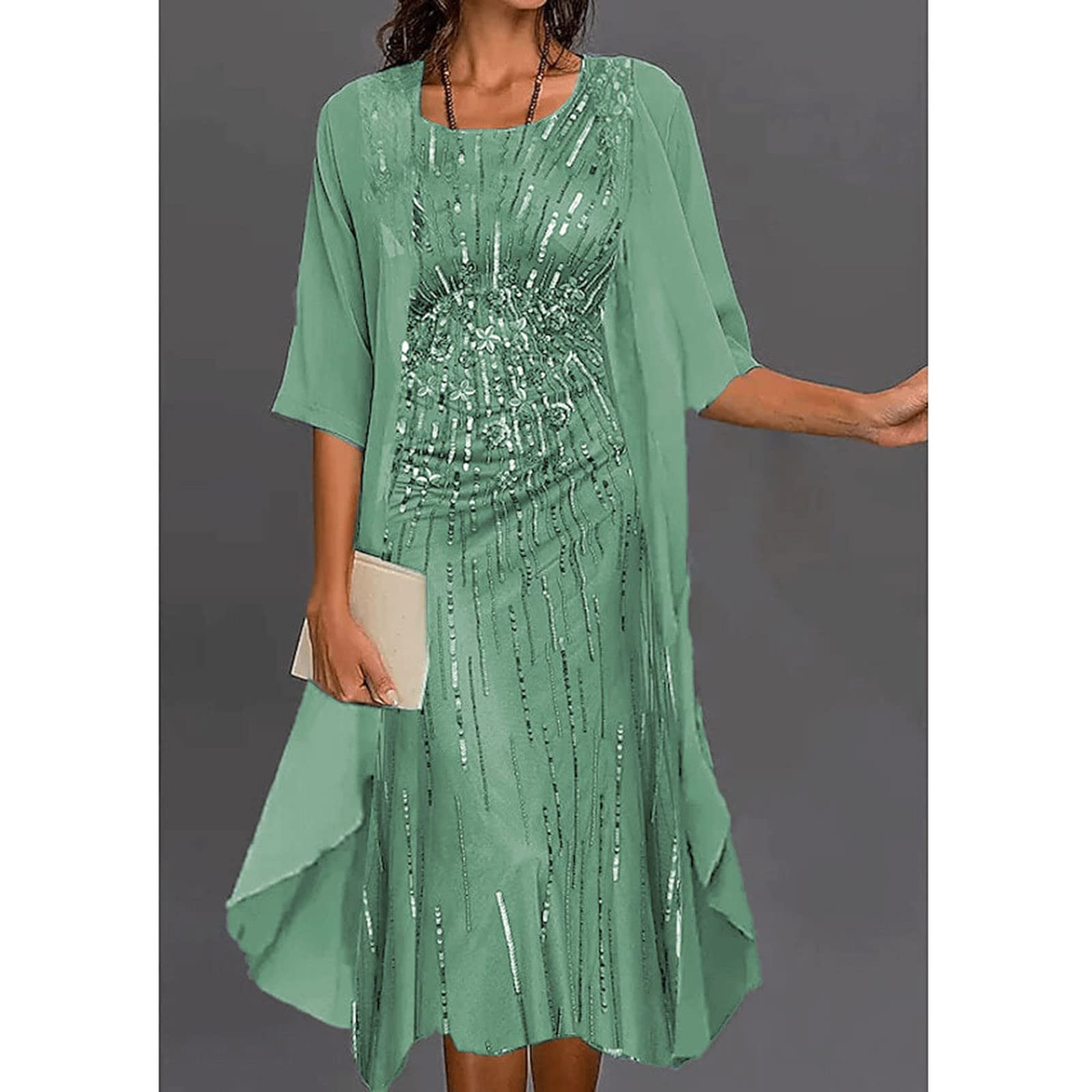 Robe de soirée élégante pour femme - Couleur unie - Broderie - 2 pièces - Robe de bal sans manches avec col rond + cardigan uni - Longueur genou - Robe de cocktail - Robe de bal - 5XL