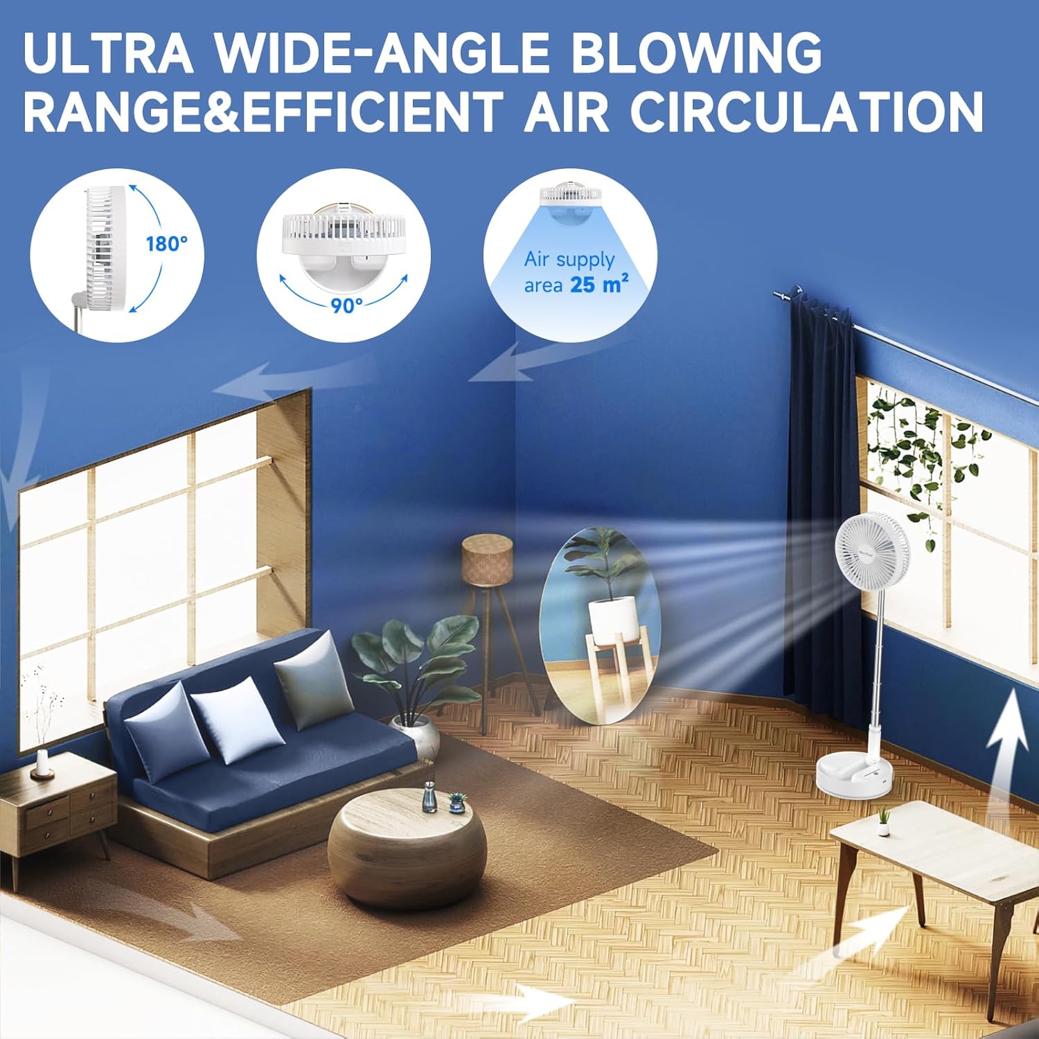 Marchpower Foldable Oscillating Standing Fan with Remote, 8 Portable Pedestal Quiet Fan with Timer, 7200mah Rechargeable USB Desk Fan for Home Bedroom Office Travel Outdoor Camping