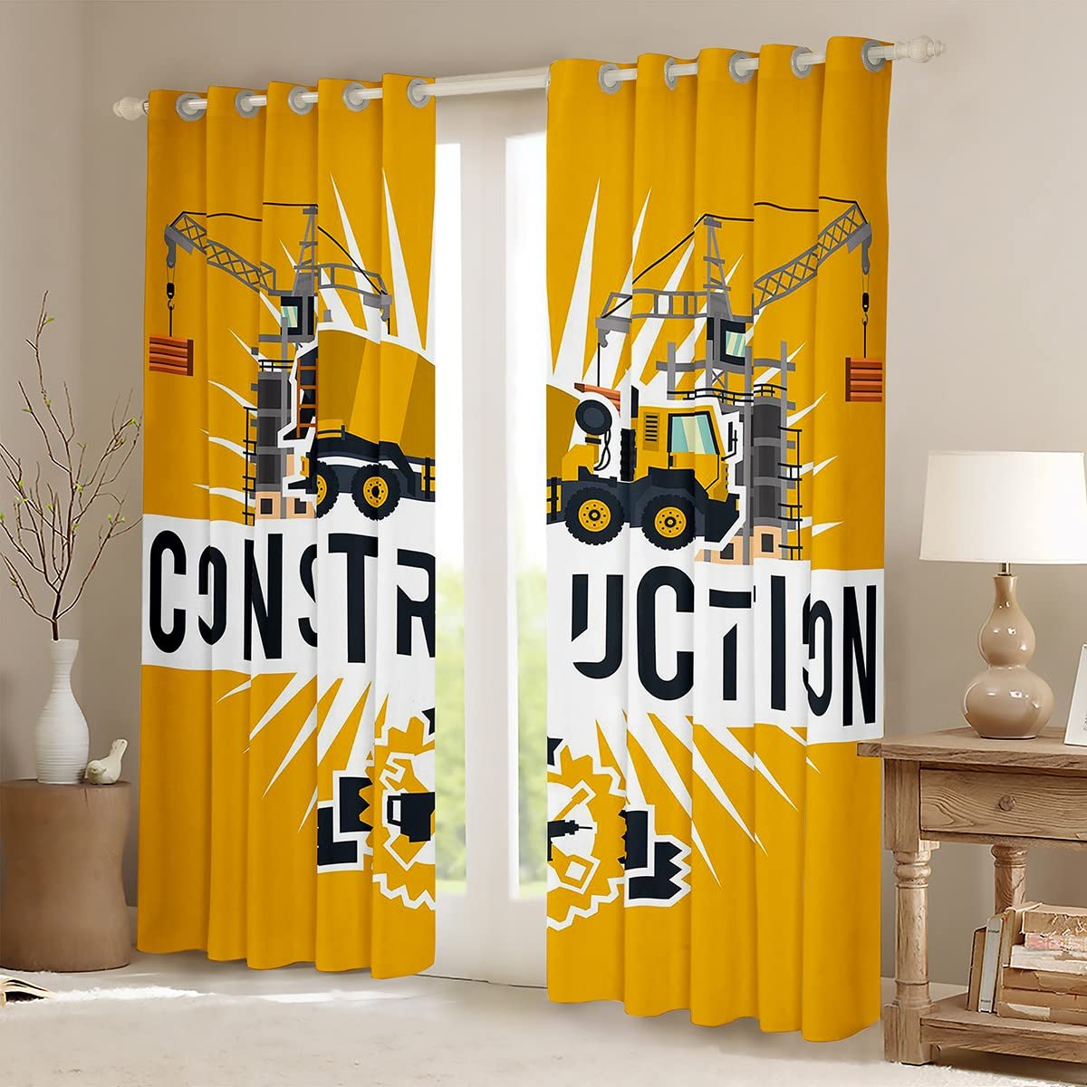 Cortina de Excavadora para niños, construcción de vehículos, Cortina de oscurecimiento para niños, maquinaria Pesada, Coches, Cortina Opaca (30%-50%), Equipos, Camiones, Cortinas de Ventana de 66 x 9