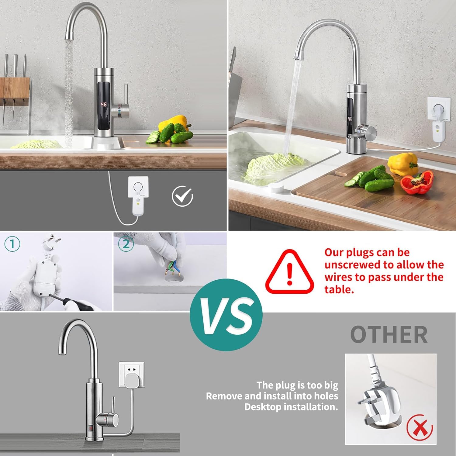 HOMELODY Elektrischer Wasserhahn mit Durchlauferhitzer 230V, Durchlauferhitzer Küche LED Elektrischer Küchenarmatur Edelstahl, 360° Swivel Warmwasserboiler Küchenarmatur Camping Wasserhahn