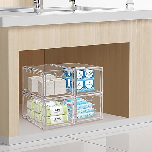 Miniatura 7 de Paquete de 2 cajones de almacenamiento apilables transparentes, organizador de maquillaje de baño, cubos de almacenamiento de plástico, organización