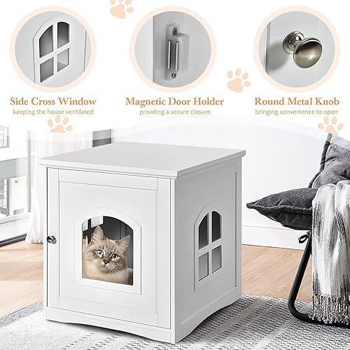 Miniatura 6 de Tangkula Caja de arena para gatos, mesa auxiliar decorativa para gatos con puerta magnética y ventana cruzada, mesita de noche interior, casa de