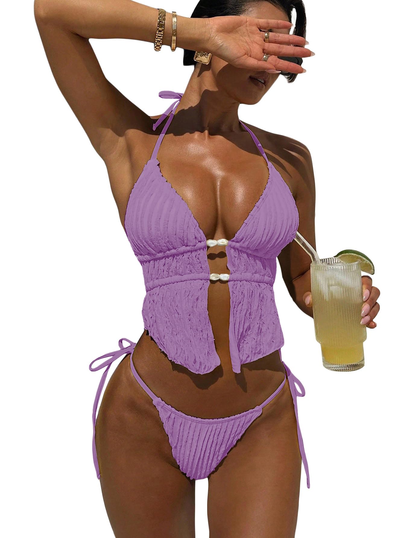 RoseSeek Women's 2 Piece Boho Polka Dots Beaded Bikini Sets Sexy Swimsuits