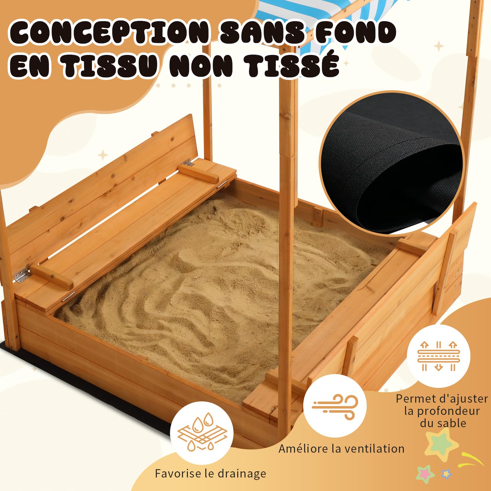 LEADZM Bac à Sable en Bois pour Enfants avec Couvercle Toit et Banc, 118.2 x 113 x 151.5 cm, Grand Bac à Sable Extérieur pour Jardin, Plage, Parc, Cadeau pour Garçons et Filles de 3 à 12 Ans