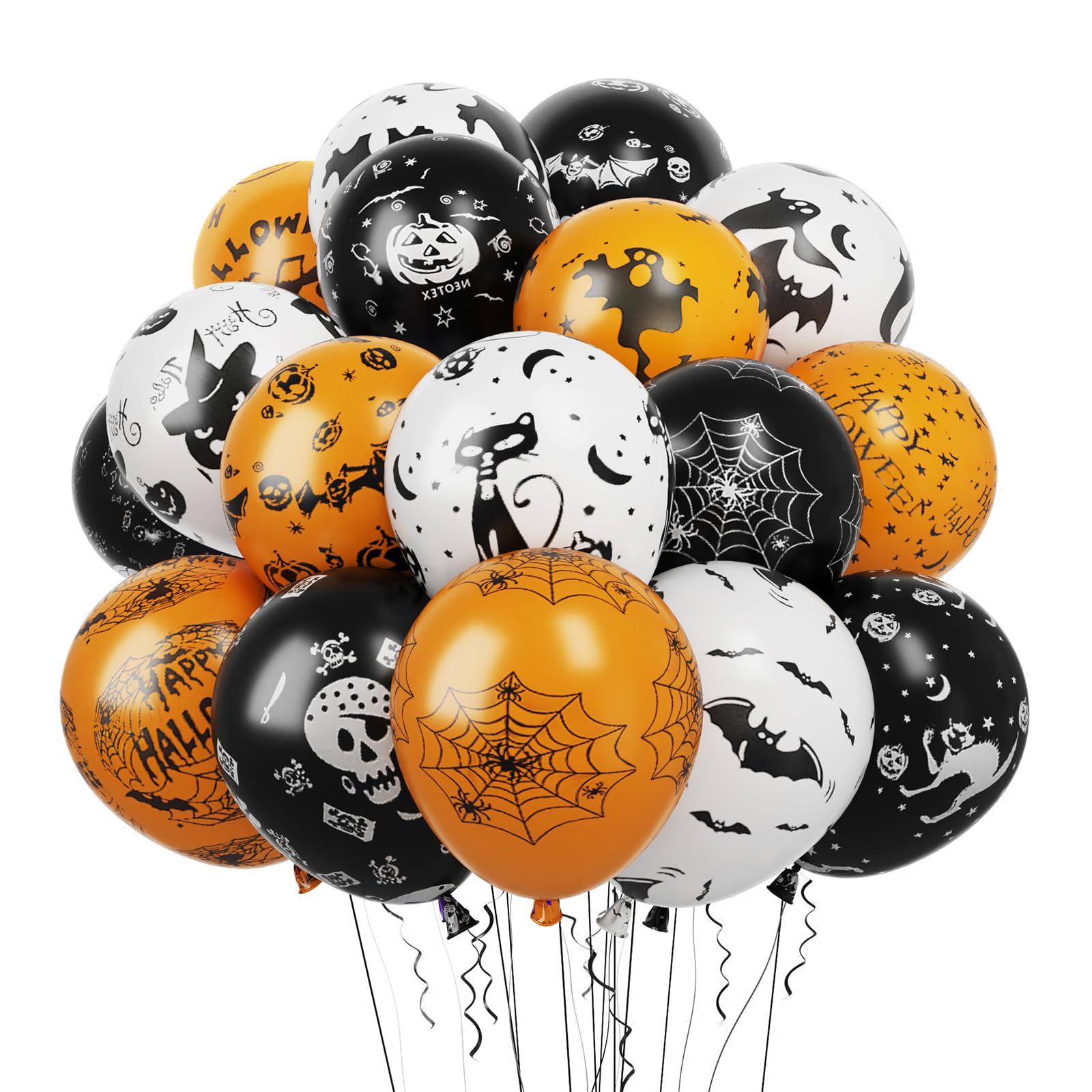 RUBFAC 65 Pieces Halloween Party Latex Balloons, 12 Inch Pumpkin Bat Ghost Skull Specter Spider Web Balloons Black Orange White Balloons for Halloween Party Decorations, Trick or Treat Toys