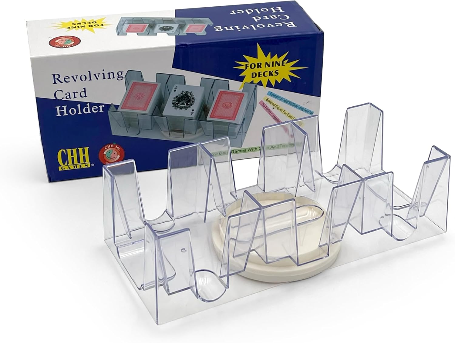 CHH 9 Deck Plastic Revolving Playing Card Tray with 3 Slots – Clear – Easy Access and Great Game Accessory