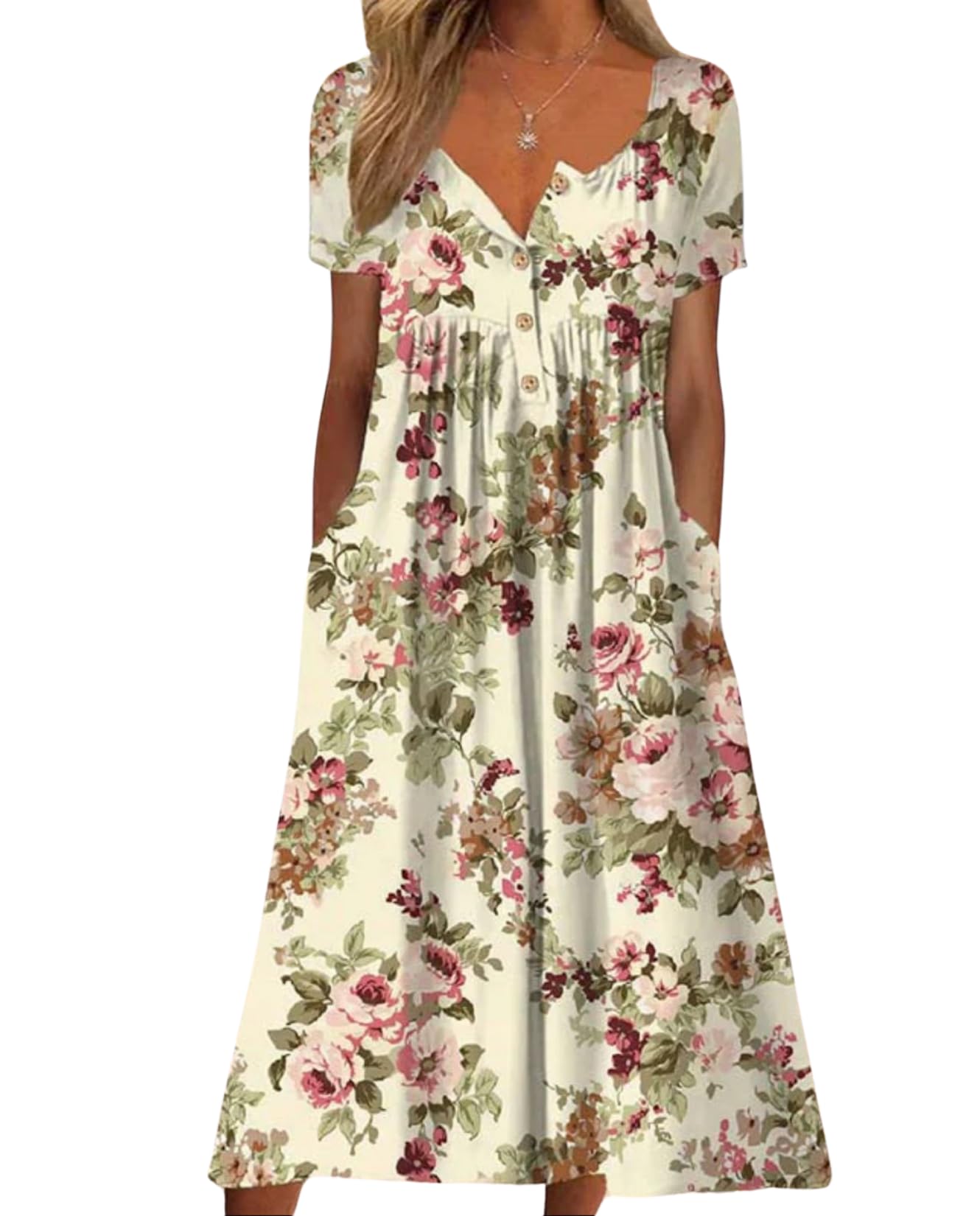 LIZALIG Women's Summer 2025 Boho Maxi Dress Floral Print Short Sleeve V Neck Casual Loose Vacation Dresses with Pockets