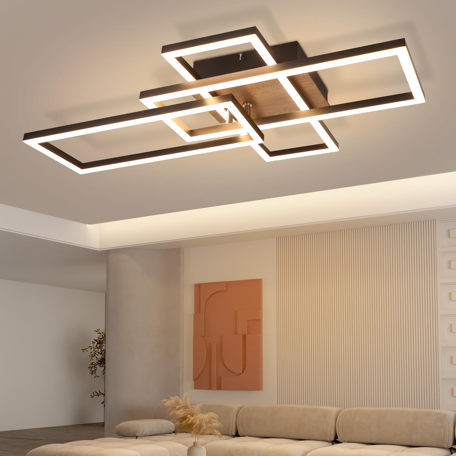 CBJKTX LED Deckenleuchte Wohnzimmer Deckenlampe - 3000K Warmweiß Schwarz Wohnzimmerlampe Decke Modern Schlafzimmerlampe 32W Holz Design Flurlampe für Schlafzimmer Büro Küche Esszimmer Flur Studie