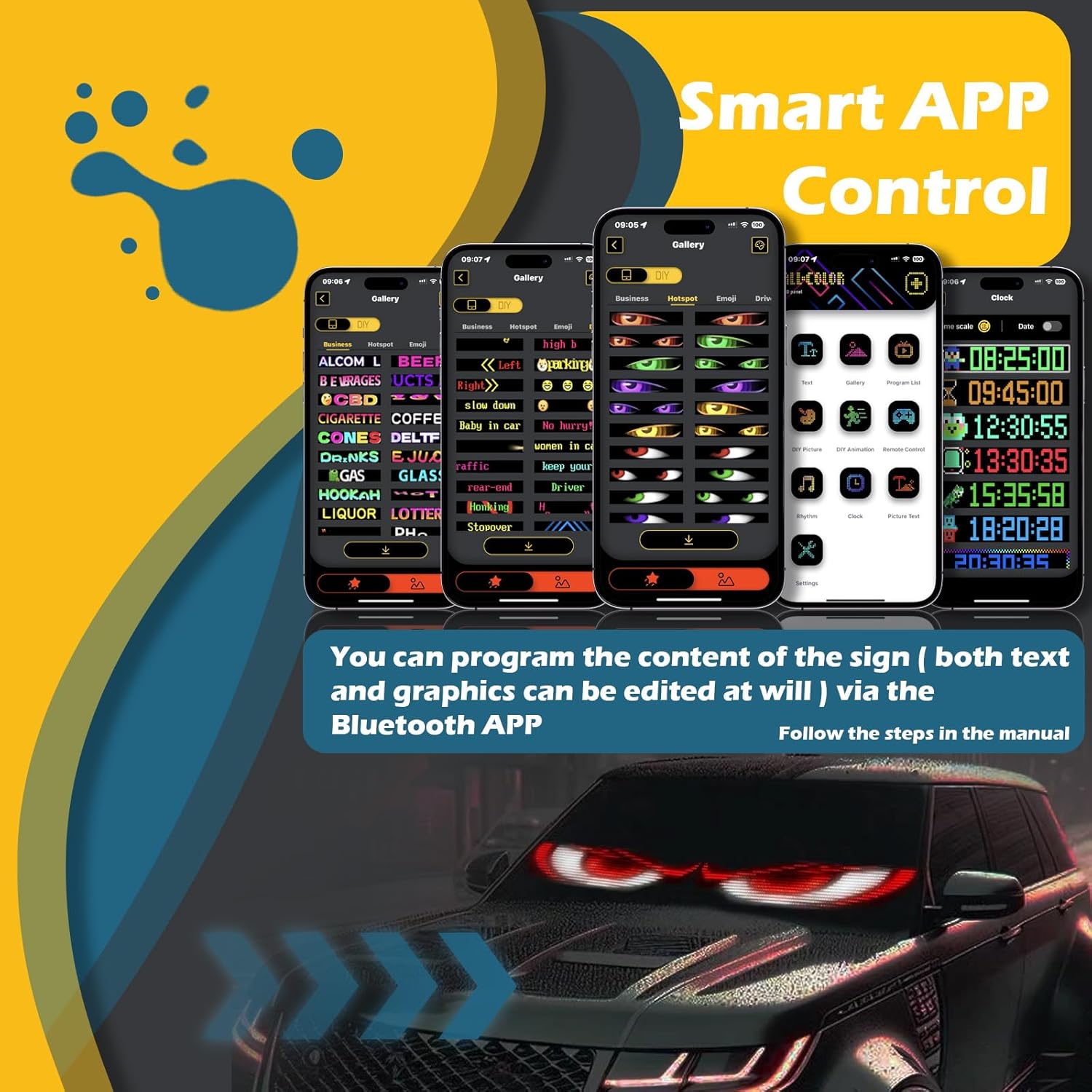 Kefly Programmable LED Sign for Car, Devil Eyes Light for Windshield, Flexible LED Matrix Panel, Bluetooth APP Control, Also a Smart Clock (2.7"x6.8") - Image 2