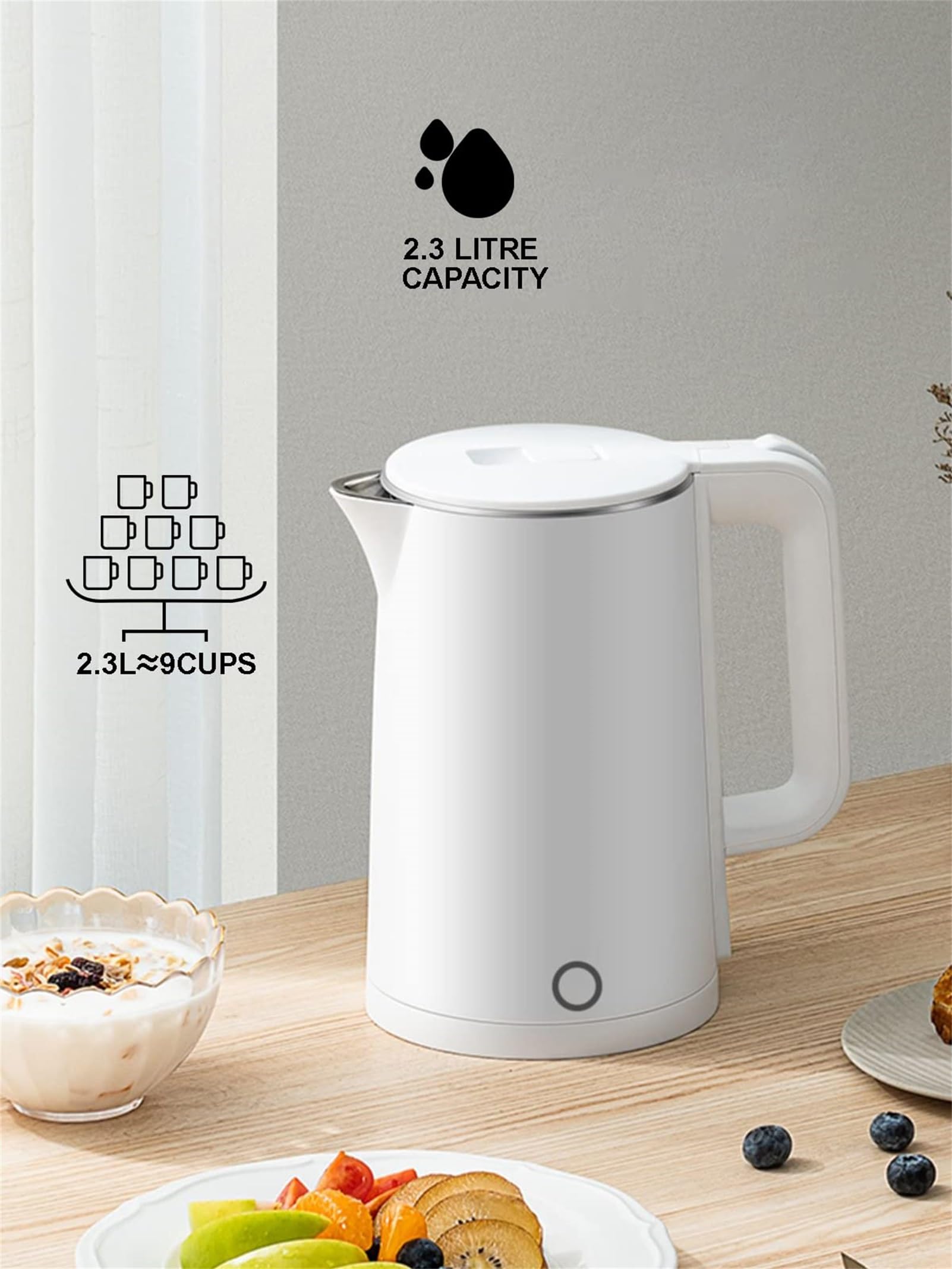 Hervidor de agua eléctrico de acero inoxidable 304, ebullición rápida, apagado automático, protección contra ebullición en seco, hervidor de café, 2 min, 1500 W, blanco, 2,3 L