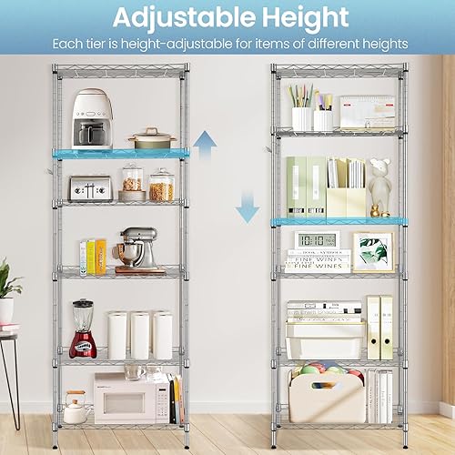 Miniatura 5 de Himimi Estante de almacenamiento de 6 niveles estantería de alambre estante ajustable organización de pie independiente con pies niveladores ganchos