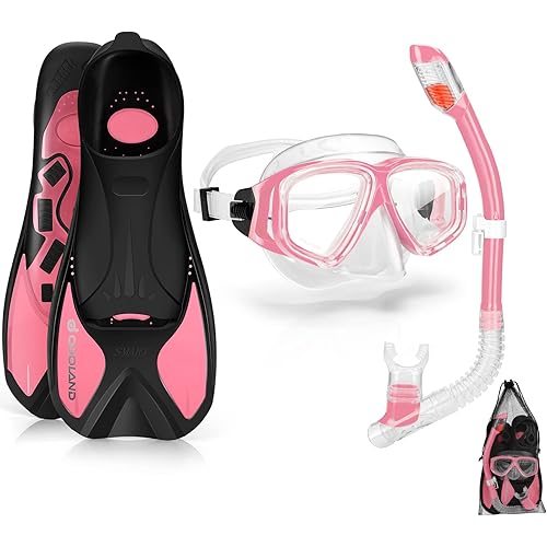 Odoland Snorkeling Package, Dry Top Snorkel Mask Fins Set for Adults & Youth, Panoramic View Mask Adjustable Fins with Travel Bag, Anti-Fog & Anti-Leak Scuba Diving Gear for Men Women
