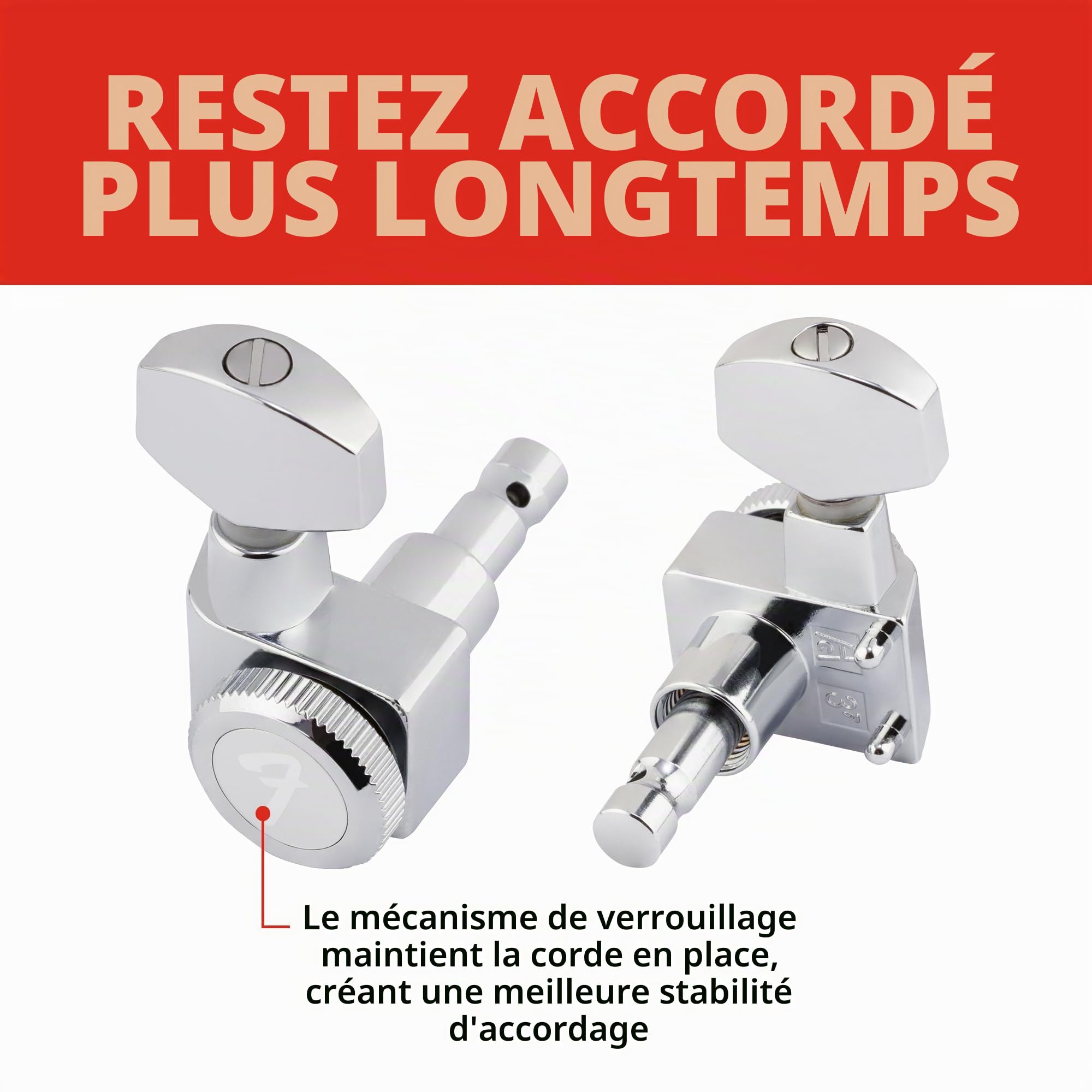Fender Mécaniques Bloquantes pour Guitare Electrique Stratocaster/Telecaster, Lot de 6, Chrome