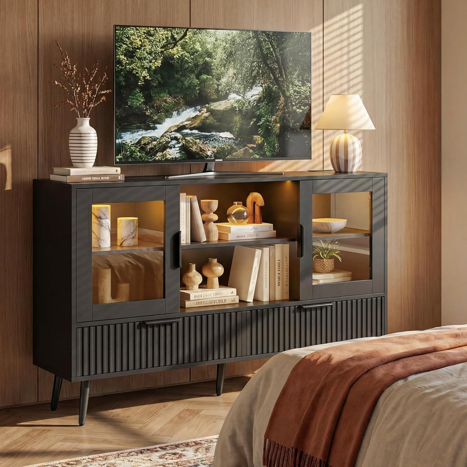 Foxemart 30", 32", 40", 45", 50" Inch Black Stand with LED Lights and Power Outlet, Modern Entertainment Center with 8 Drawers, TV Cabinet Media Console Table with Storage for Living Room, Bedroom
