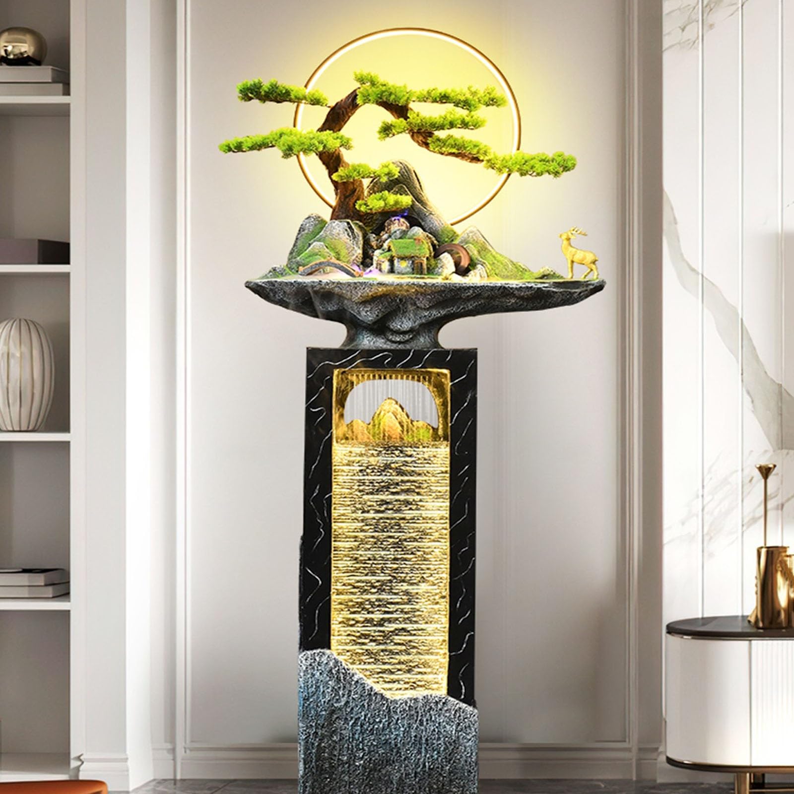 Fuente de suelo de pie para sala de estar, Fuentes de agua for exteriores, fuente de agua for jardín al aire libre con luz LED y pino simulado, for patio, parque, decoración del hogar interior y exter