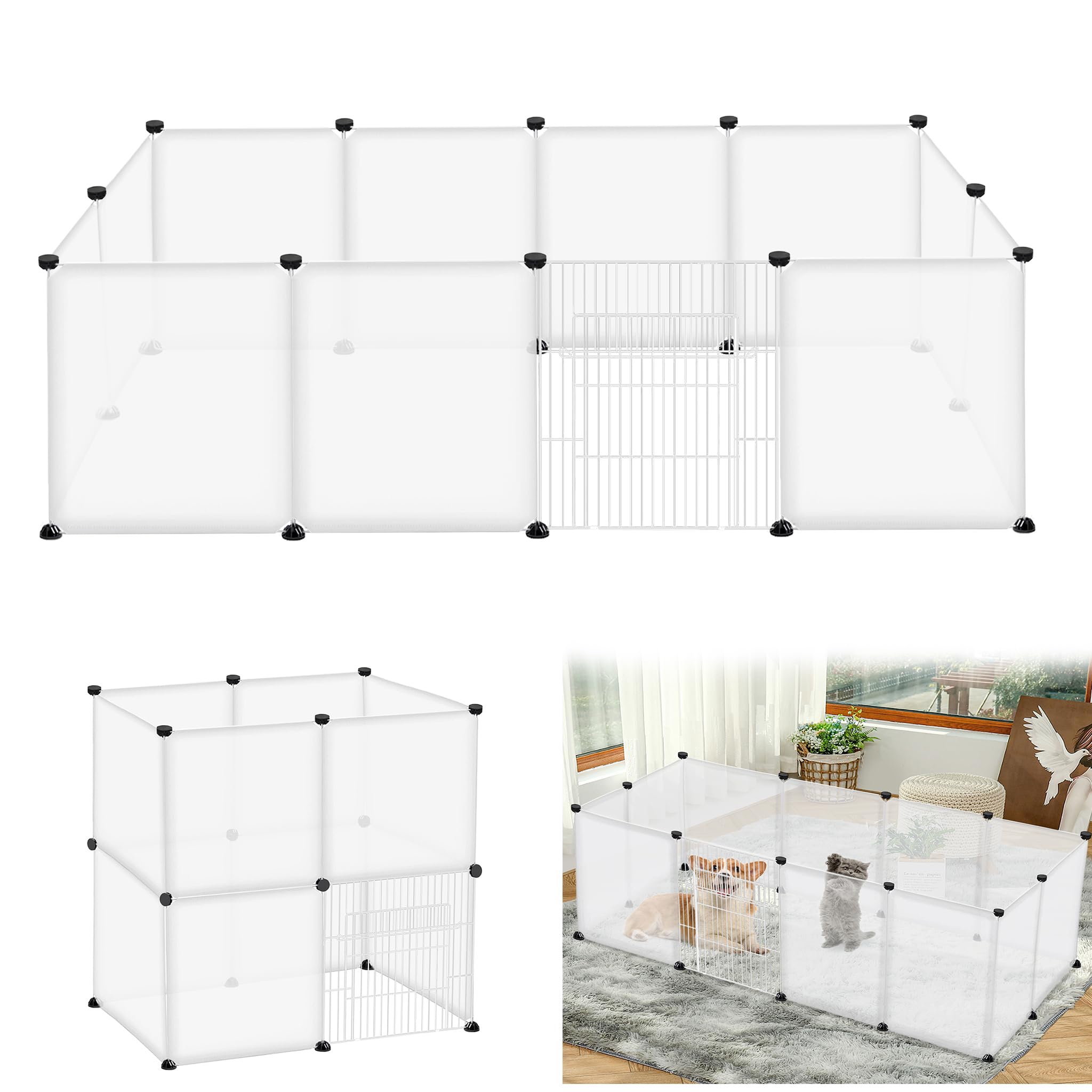 Enclos pour animaux de compagnie avec grille en métal pour l'intérieur et l'extérieur (Blanc, 12 pièces avec portes 145x75x48 cm)
