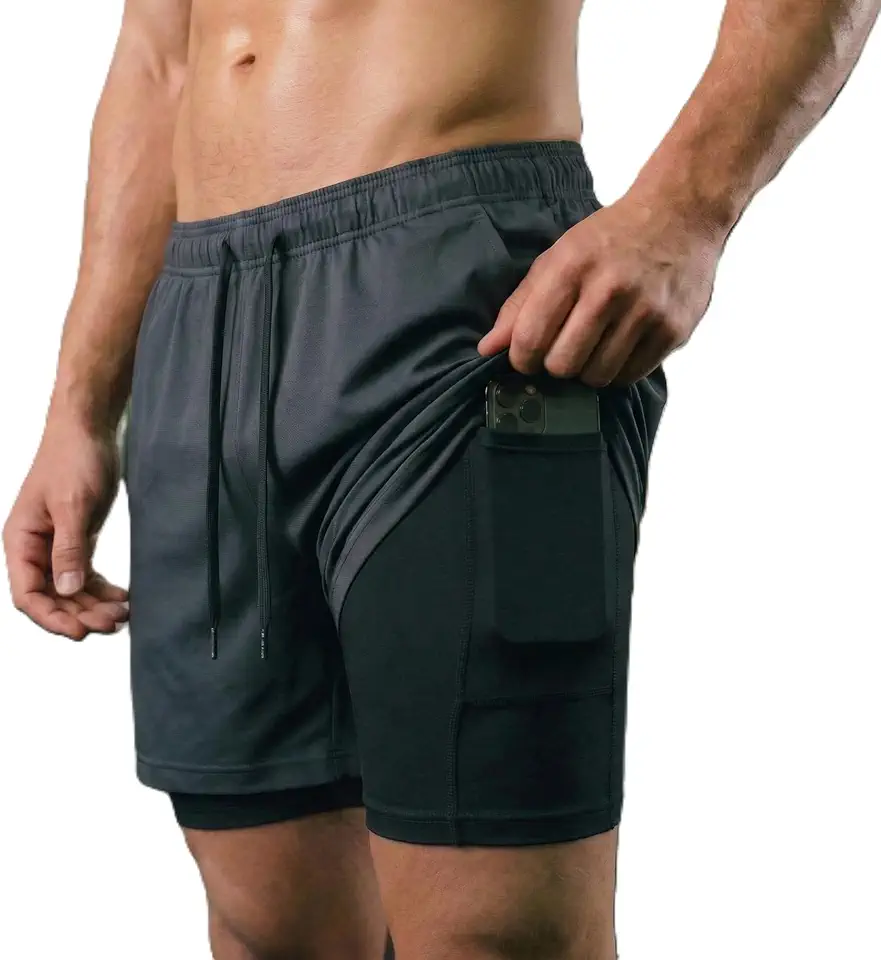Shorts Duplo Masculino 2 em 1 Bermuda Dry Fit Treino Calção com Bolso Celular Academia Fitness Musculação CLICK MAGAZINE