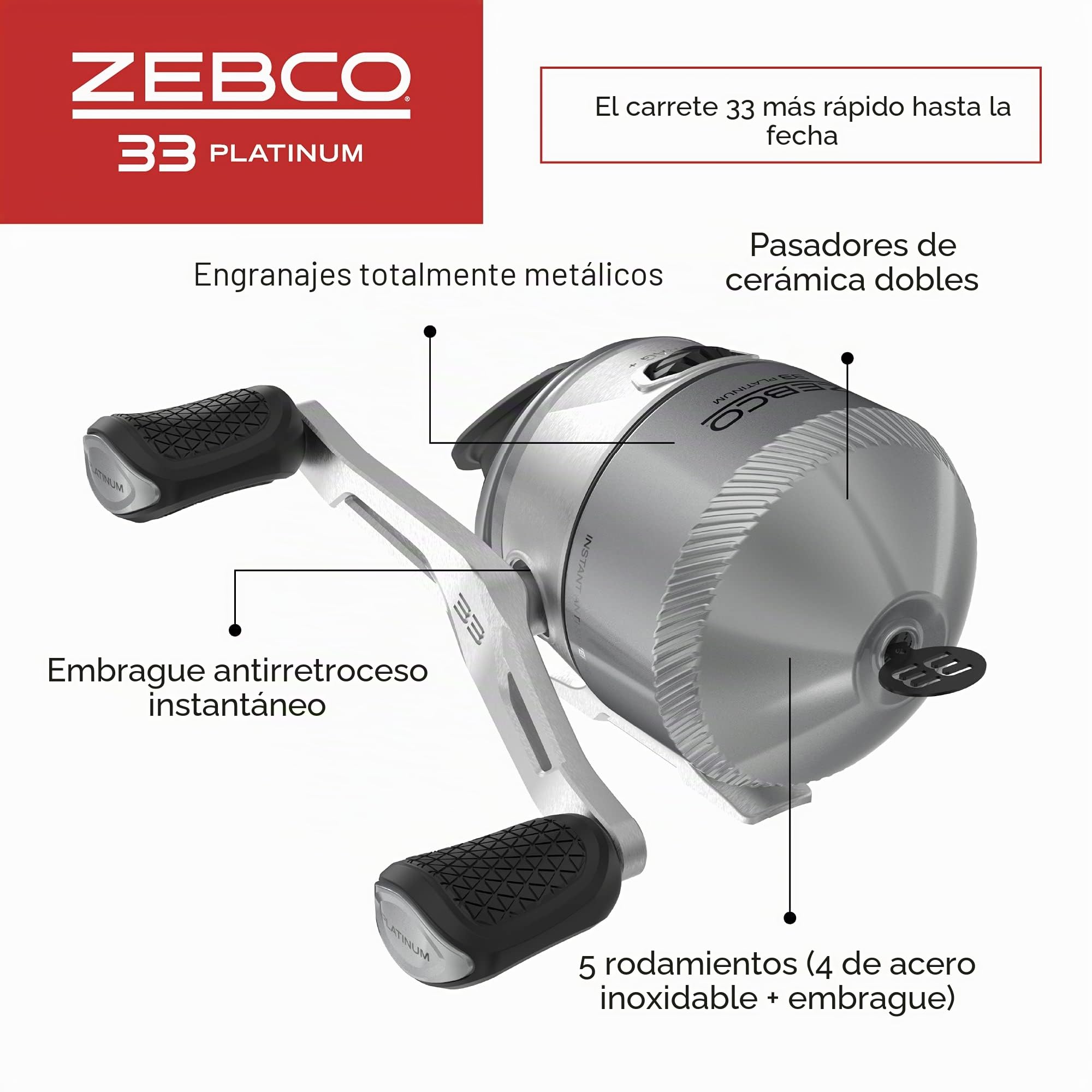 Zebco 33 Platinum Spincast - Carrete de Pesca, tamaño 30, recuperación de Mano Derecha o Izquierda, relación de Engranaje 4.7:1, preenrollado con línea Zebco Cajun de 10 Libras, Plateado