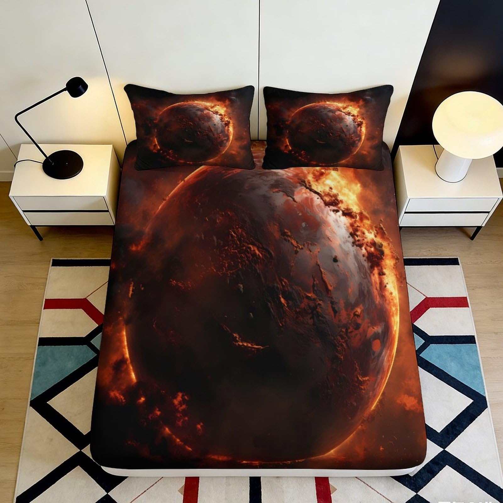 3D Printed Fiery Planet Fitted Sheet Microfiber Soft Breathable Cosmic Orb Mattress Cover for Bedroom Dormitory Guest Room Mattress Protection Decor 200x200x25cm