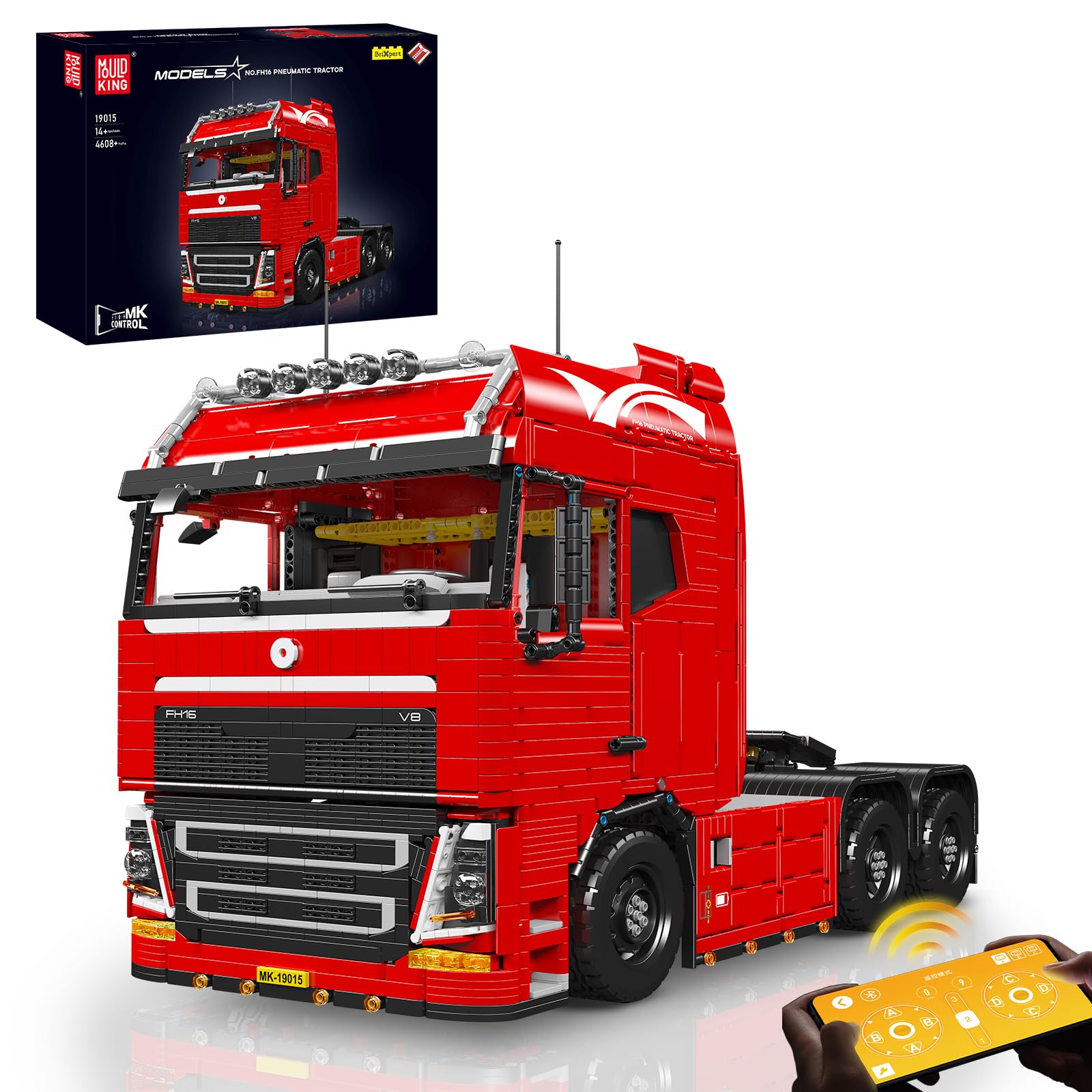Mould King 19015 Tractor LKW Klemmbausteine Bausteine Kit, 4608+ Stück Anhänger Lokomotive Bausteine Set mit Motor 2.4G Fernbedienung und APP Dual Control, für Ingenieur-Enthusiasten/Teenager