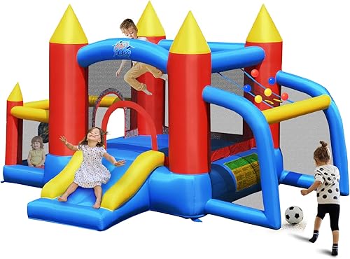 Miniatura 10 de HONEY JOY Tobogán acuático inflable, parque acuático gigante inflable 6 en 1 para niños pequeños con pelota objetivo y escalada, toboganes acuáticos
