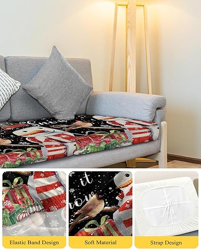 Miniatura 4 de Black Christmas Couch Cushion Covers, Stretch Sofa Cover with Elastic Bottom, Xmas Snowman Birds Berry Winter Snowflake Sofa Slipcovers Protector