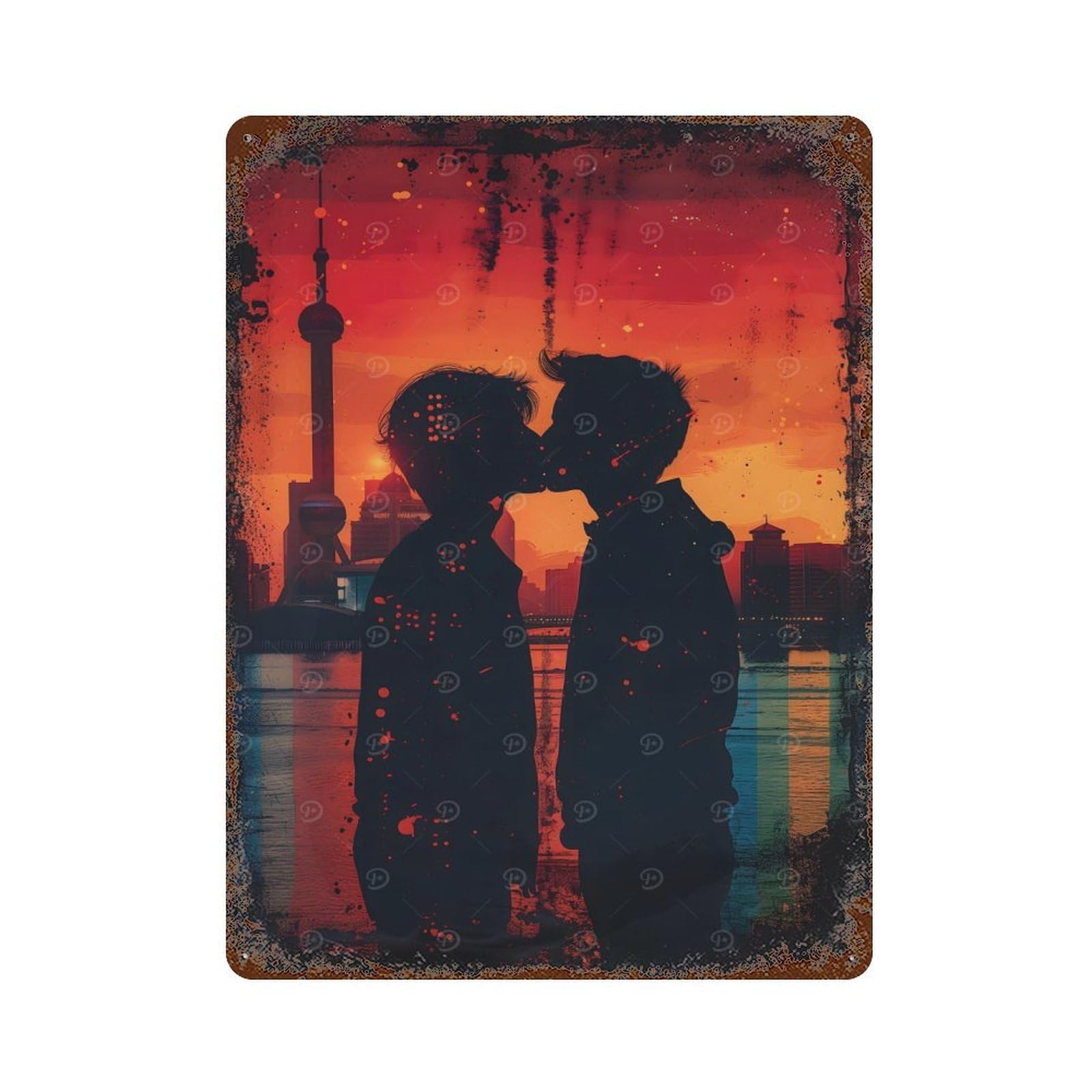 Retro Metal Sign with Silhouette Kiss at Sunset Design 15.7"x11.8", for Pub, Kitchen And Man Cave Decor, Rustic Home Decor