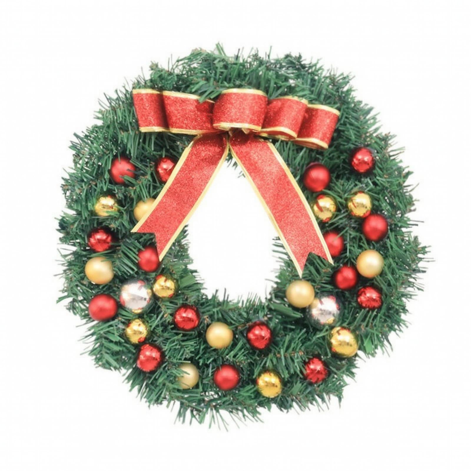 Ghirlanda Natalizia con Nastro Rosso Glitterato e Palline Fitto Ghirlanda di Natale in PVC con Struttura in Ferro Lusreggiante per Vetrina Negozio, 60CM