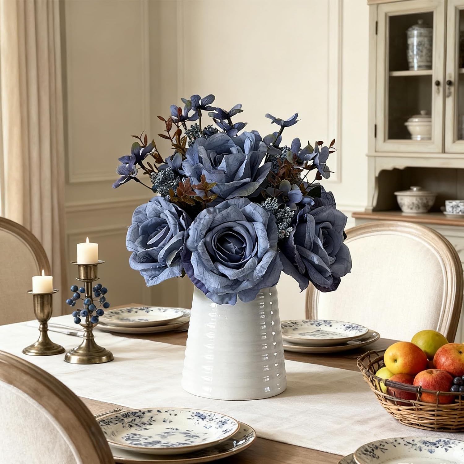 Artificial Blue Rose Arrangement in White Ceramic Vase, Faux Floral Bouquet with Decorative Pattern, Elegant Home Decor Centerpiece