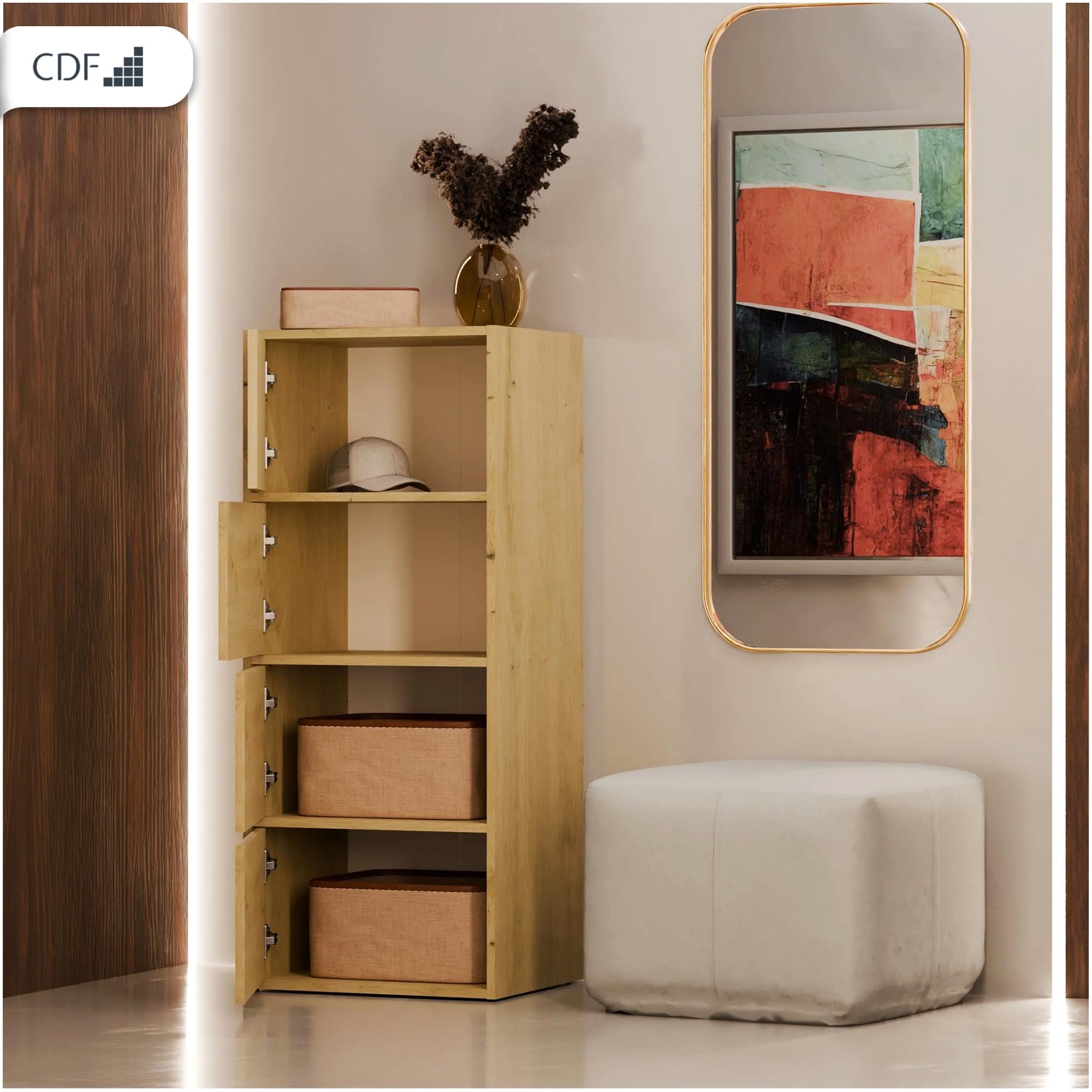 CDF Aparador Alto Armario 4 Puertas 50 cm estantes salón Dormitorio Pasillo Entrada Oficina Columna cajonera estantería Multiusos Ahorra Espacio Mueble cómoda Highboard Entrada sin Tiradores Roble
