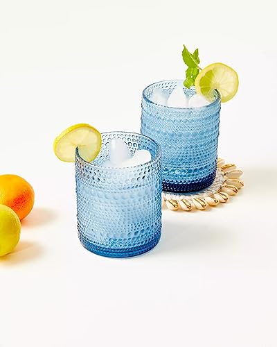 Miniatura 4 de Lilly Pulitzer Vasos dobles a la antigua, juego de 2 vasos de cóctel, vasos bajos de 12 onzas, cristalería de hobnail de inspiración vintage, azul