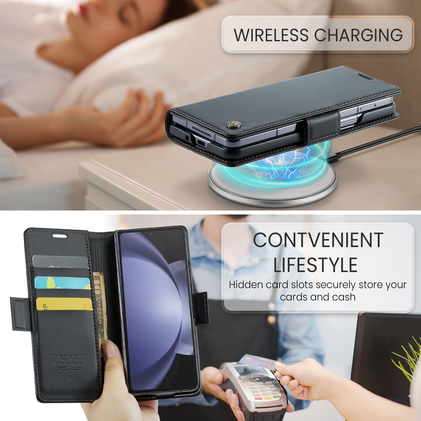for Samsung Z Fold 5 Wallet Case with RFID Blocking, Card Holder Magnetic Closure Shockproof Kickstand Protective PU Leather Case for Samsung Z Fold 5 Flip Case Wallet - Black — view 6