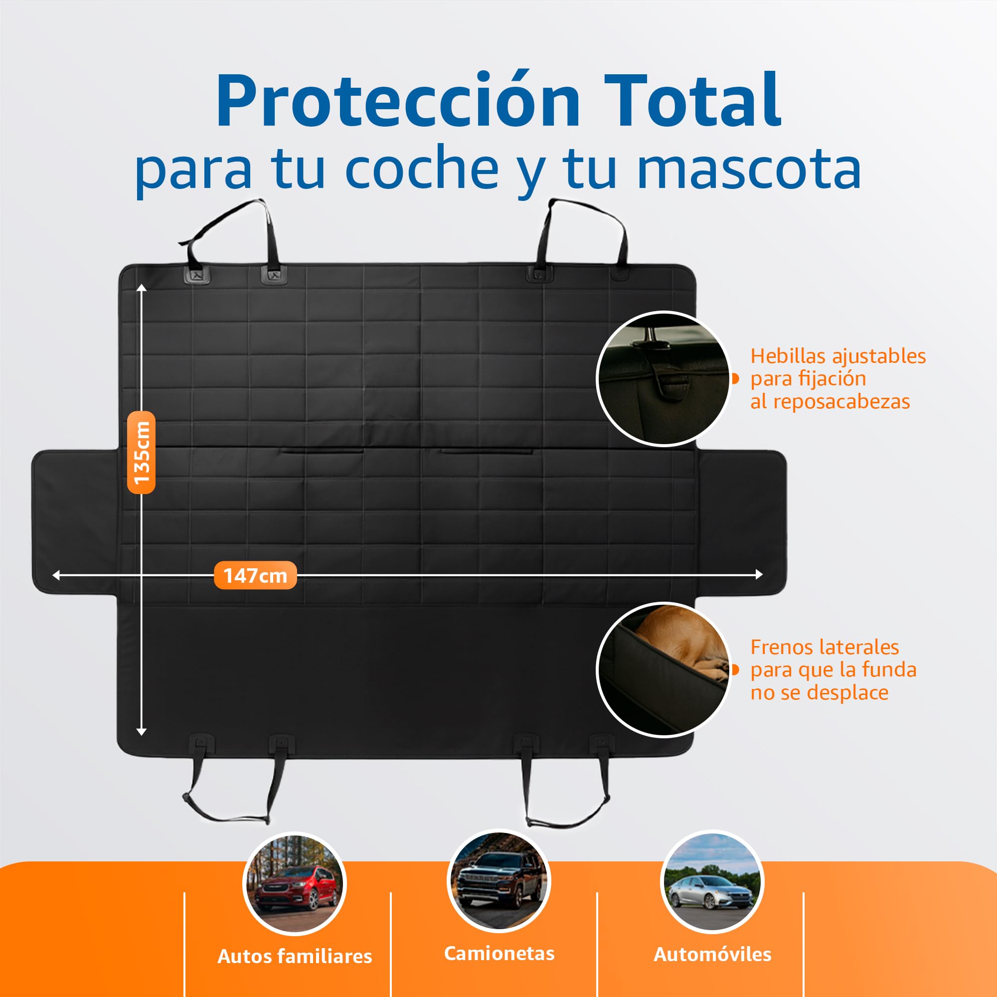 Funda Coche Perro - Protector Coche Asiento Trasero y Maletero, Medidas 147 cm Alto x 135 cm Ancho, Incluye Bebedero Comedero Pleglable y Correa de Seguridad Ajustable, Accesorios Mascotas