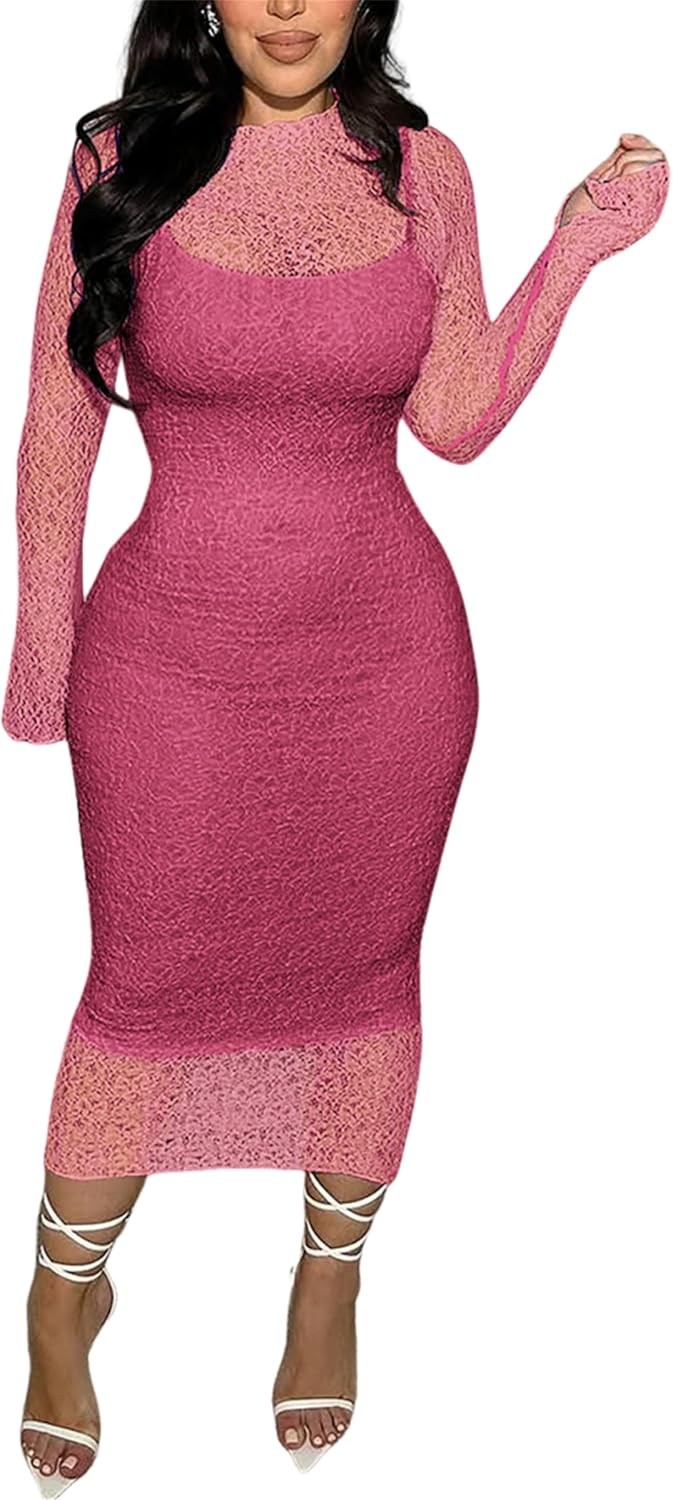 Women's Elegant Bodycon Midi Dress Lace Party Cocktail Wedding Guest Dress