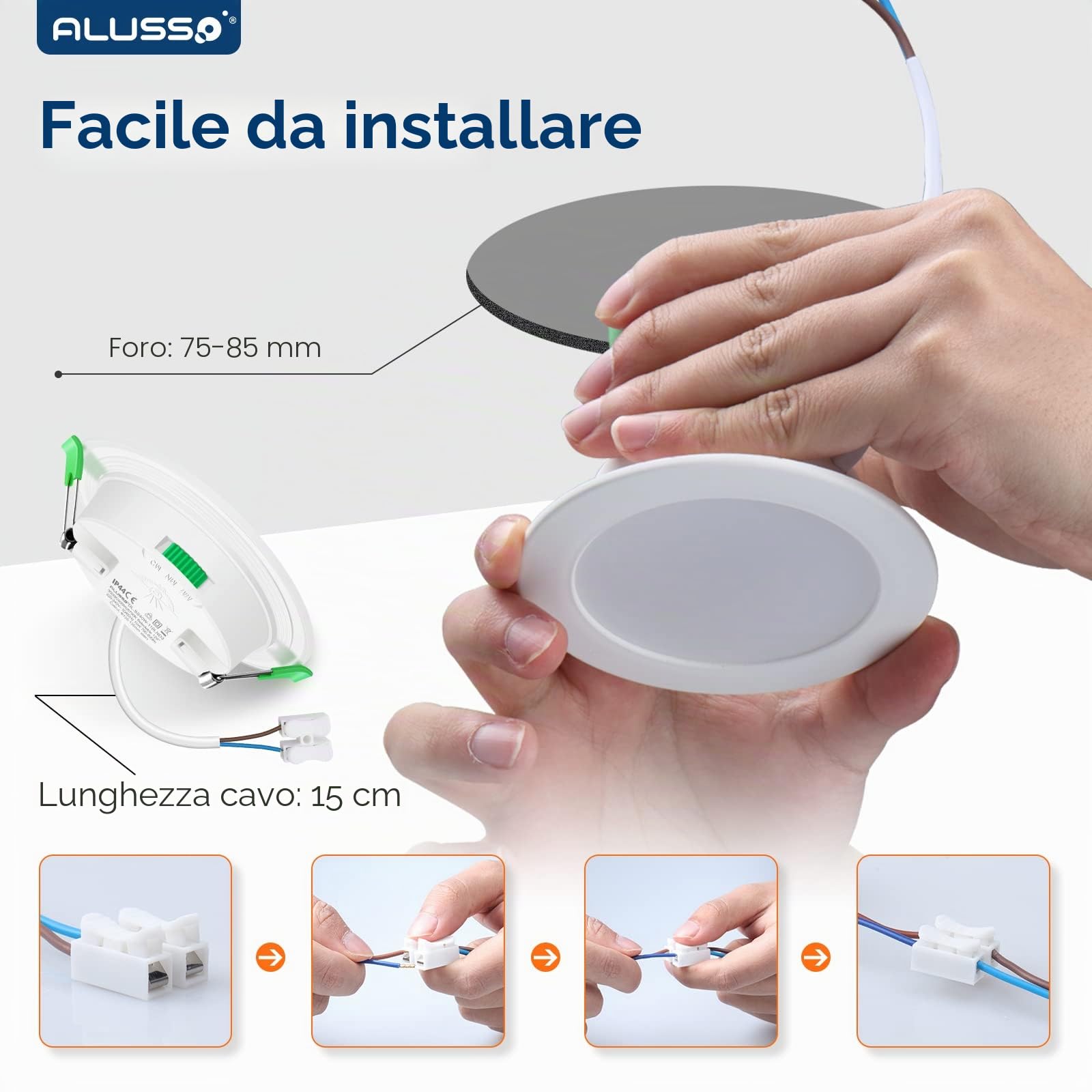 ALUSSO 6 Faretti LED da Incasso, 5W 400LM Luci da Soffitto Interno, Dimmerabile IP65 per Bagno, Bianco Caldo 3000K Bianca Naturale 4000K Bianco Freddo 6500K, Apertura Ø75-85mm, Ultra Sottile 30mm