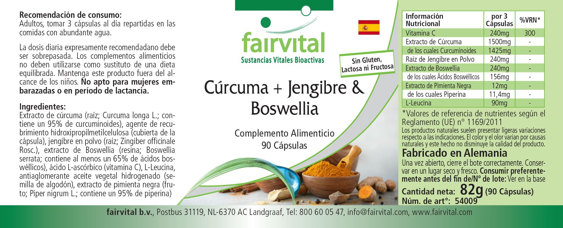 fairvital Curcuma, zenzero e boswellia con vitamina C, 90 capsule, vegane, con estratto di pepe nero