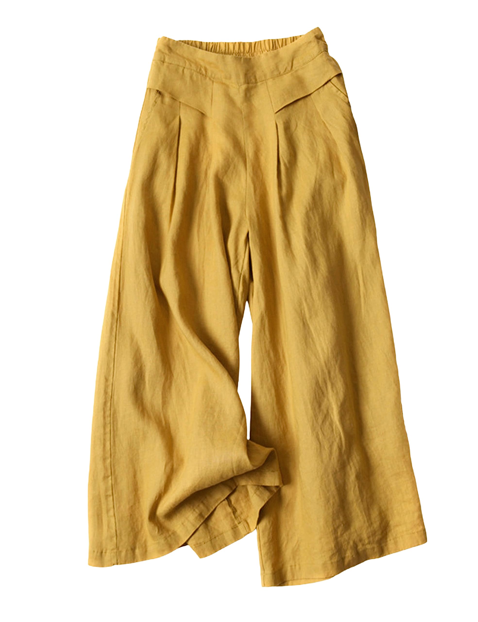 Bianstore Womens Culottes Linen Cropped Wide Leg Pants Elastic Waist Casual Palazzo Trousers with Pockets
