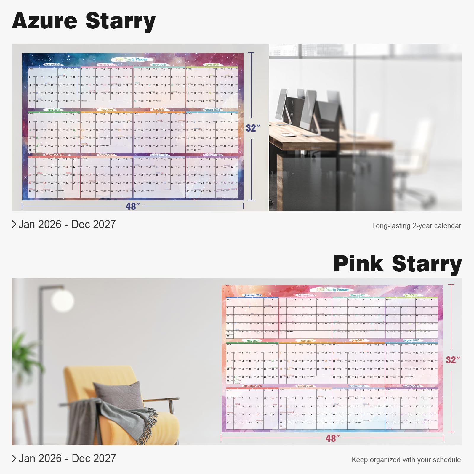 Ospelelf Calendario da parete 2026, grande, 81 x 122 cm, cancellabile a secco, laminato calendario da parete, calendario 2 annuale per la famiglia, uso da gennaio 2026 a dicembre 2027 (cielo stellato)