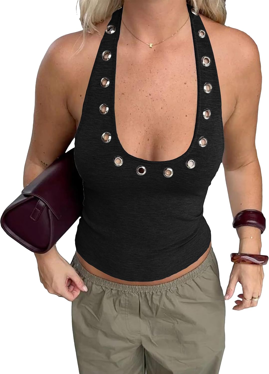 Women Y2k Punk Grommet Eyelet Halter Neck Crop Tank Tops Slim Fitted Sleeveless Backless Grunge Summer Shirts