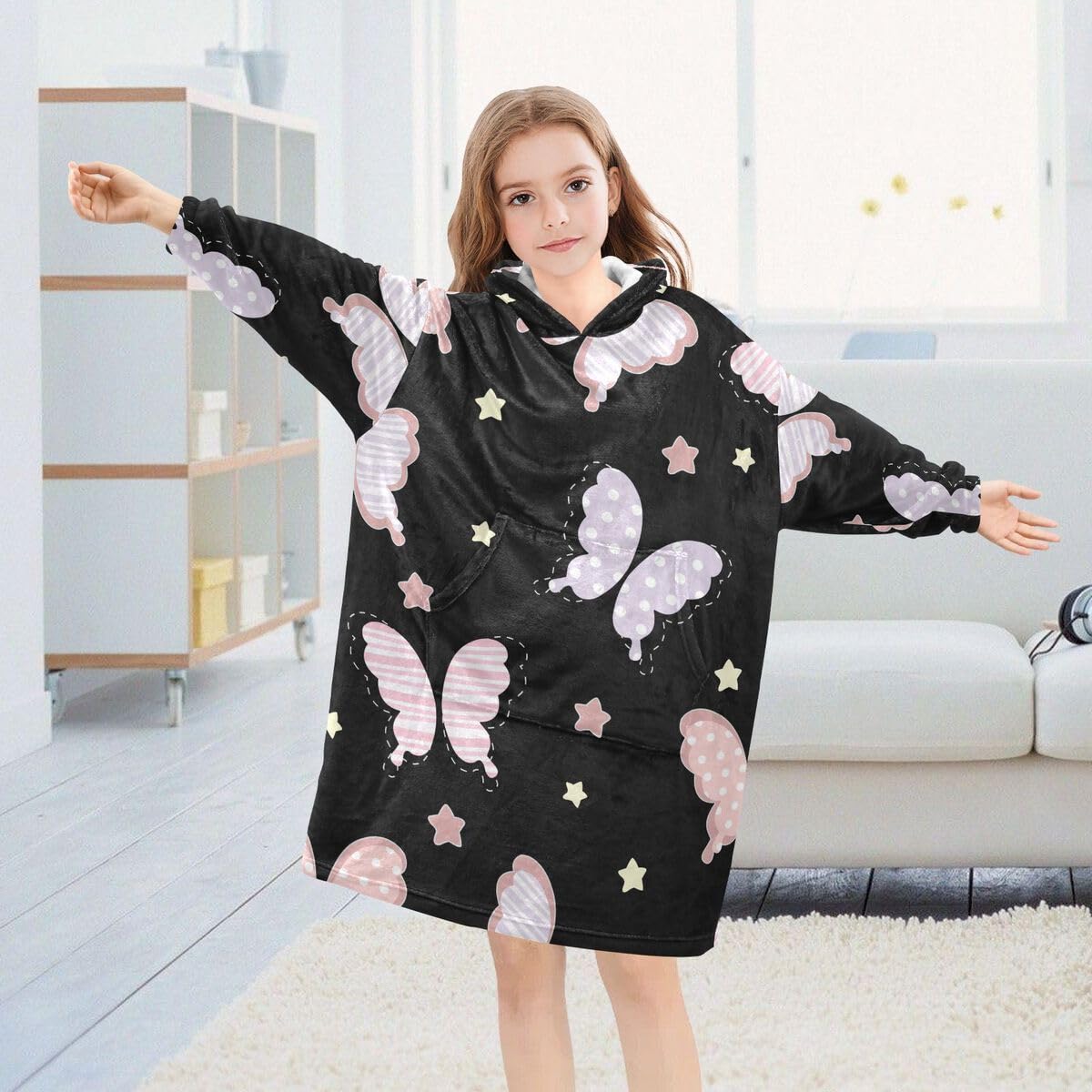 Motyl gwiazdy dziecięcy koc do noszenia bluza z kapturem oversize bluza koc sweter różowa gwiazda dla chłopców i dziewcząt w wieku 3-14 lat