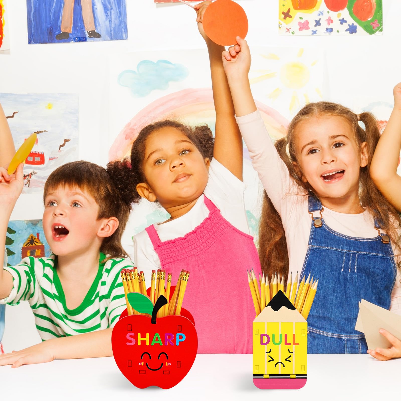 FYSUIMU Stiftehalter, scharf, stumpf, lustig, Cartoon-Bleistift, Apfel, DIY, Holzspender, Aufbewahrung für Schulanfang, Lehrer, Klassenzimmer, Organisation, 2 Stück