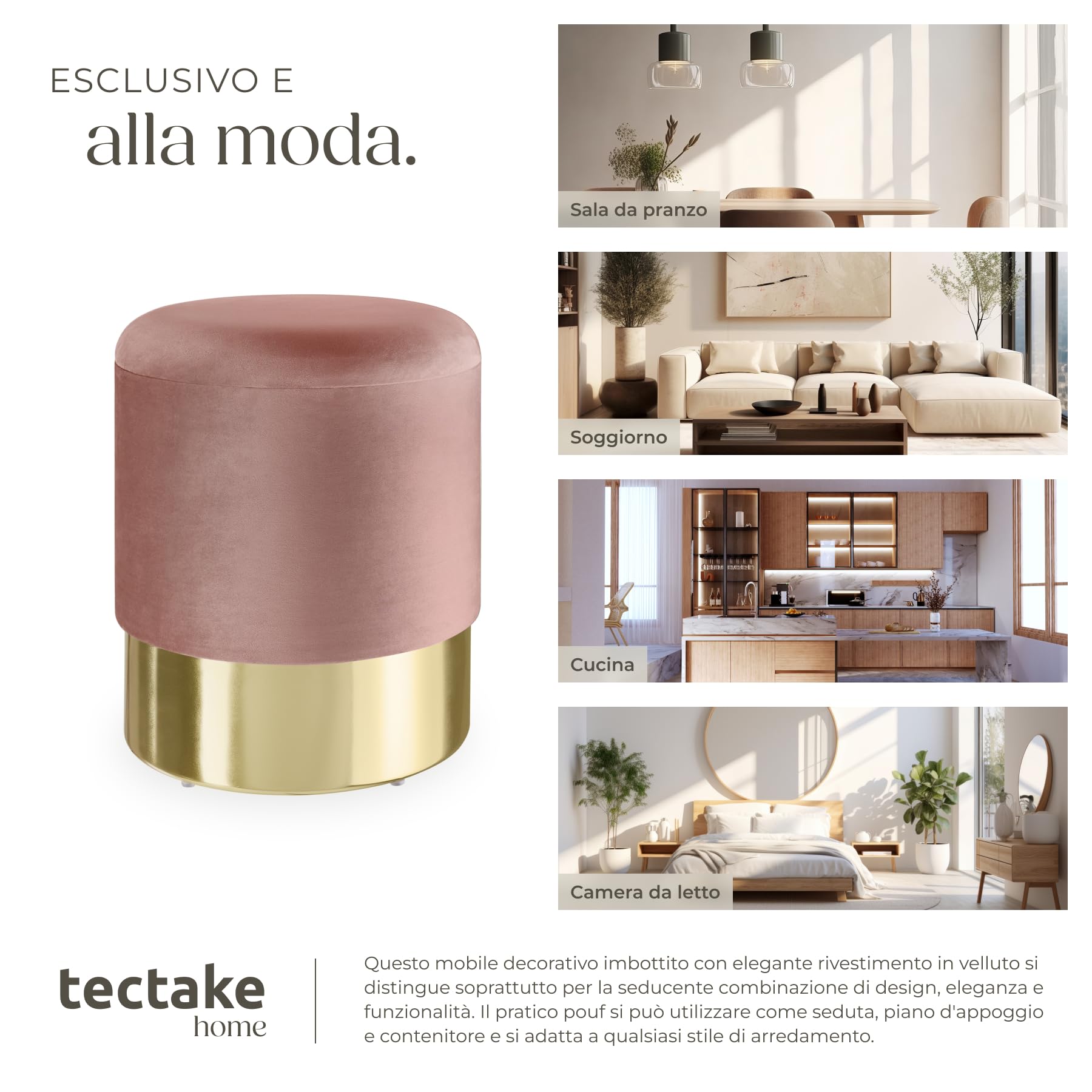 tectake® Sgabello Rotondo in Velluto, Con Scomparto Nascosto, Base in Acciaio Oro, Capacità di Carico 300 kg, Comfort Elevato, Design Elegante per Casa e Ufficio - Rosa